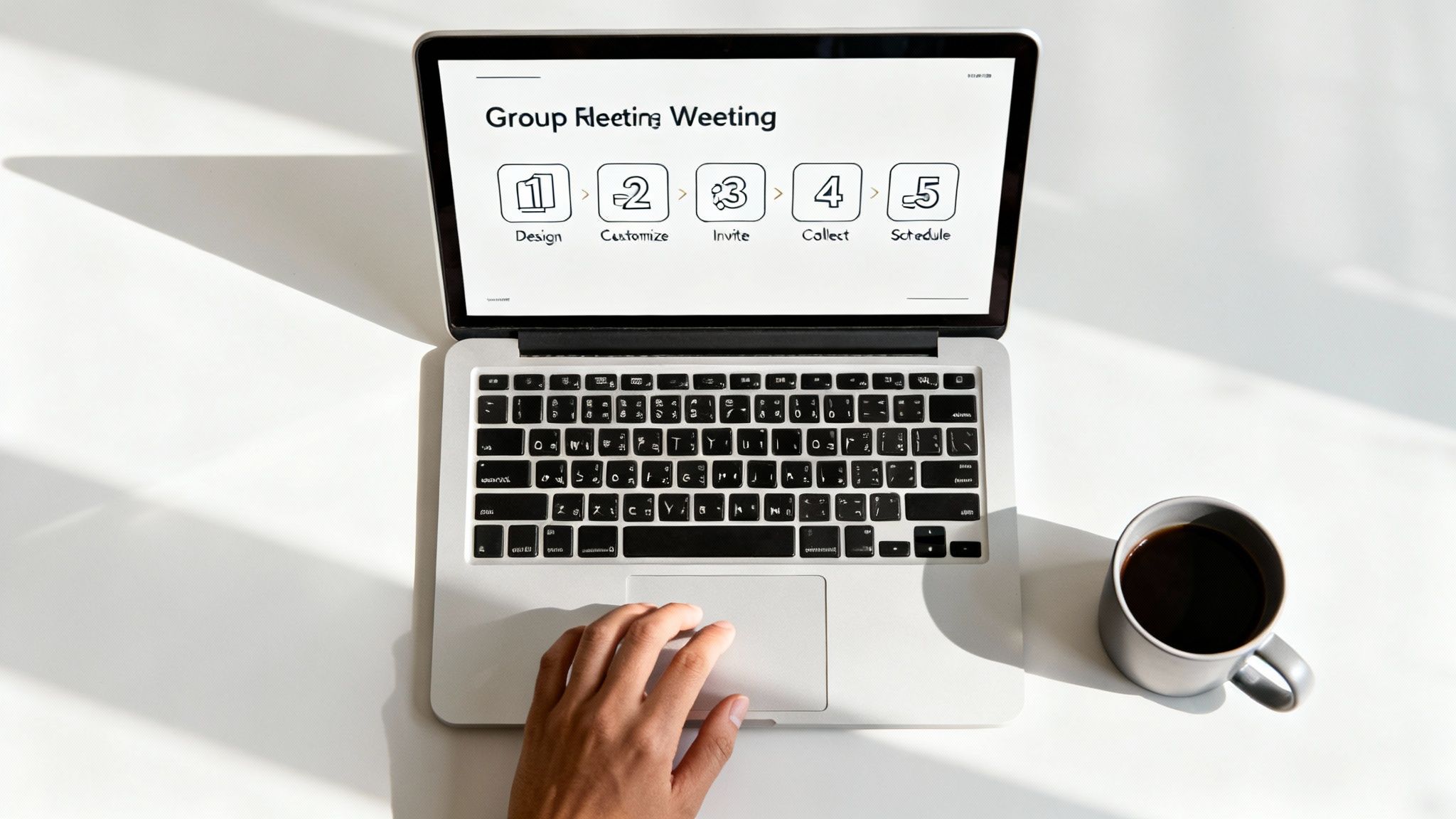 Top-down view of a laptop displaying a meeting planning presentation, with a hand on the trackpad and a coffee mug.