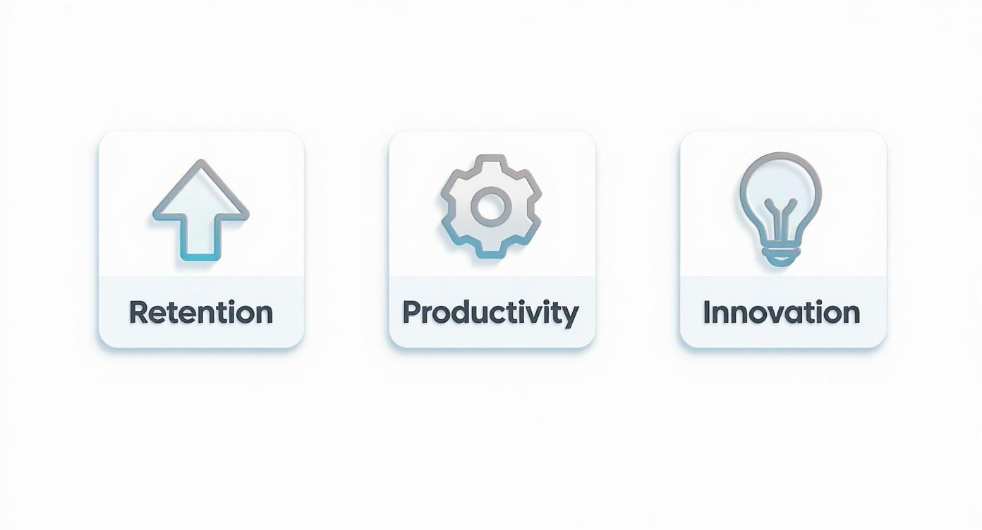 Three icons representing employee retention, productivity, and innovation displayed on white cards with gradient symbols