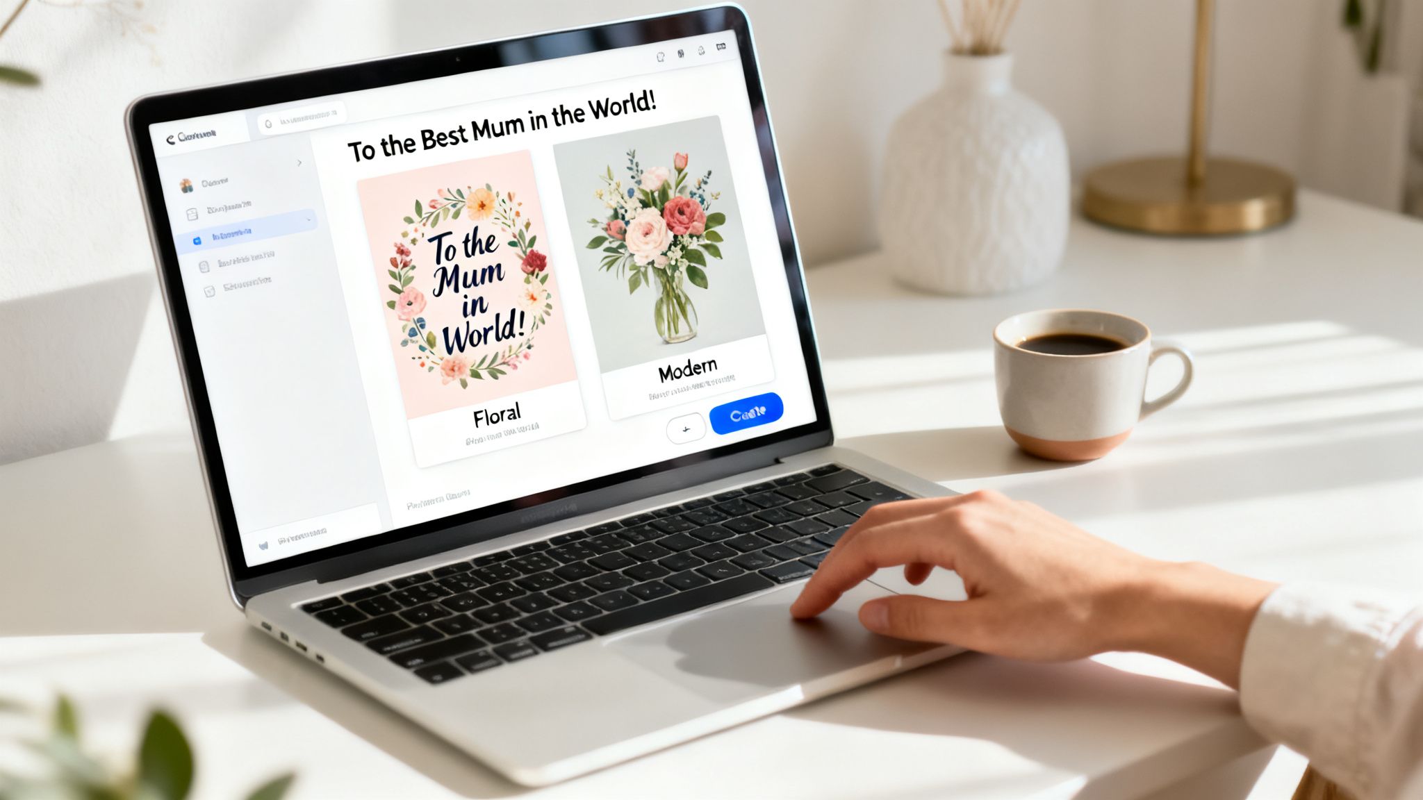 A hand interacts with a laptop showing e-card designs for Mother's Day, alongside a coffee cup.