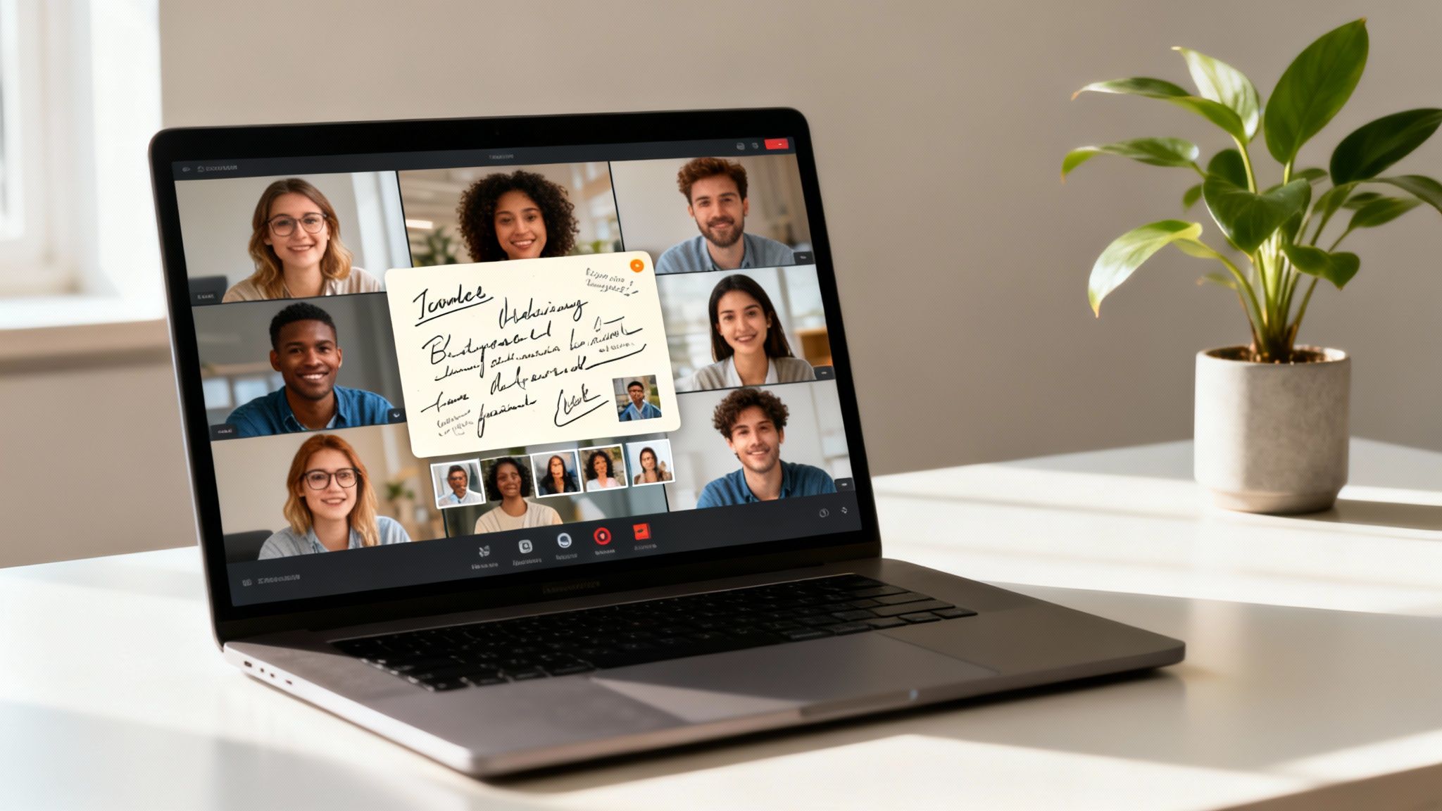 A laptop on a desk showing a video conference call with diverse participants and a sticky note.