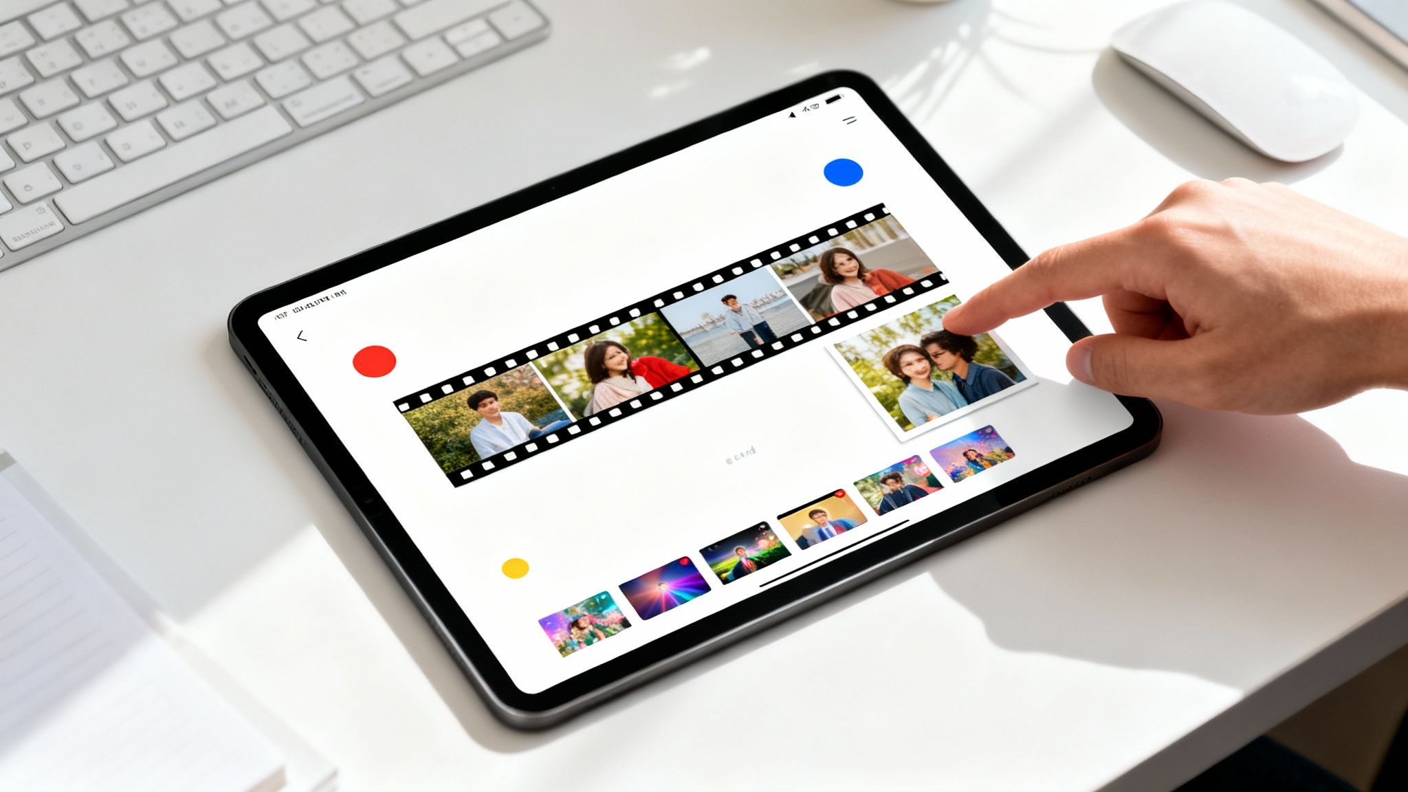 A person's hand taps a tablet screen displaying photo editing software with a filmstrip.