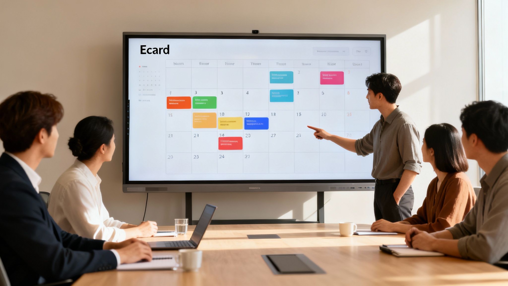 Business professionals in a meeting room, observing a man presenting an Ecard schedule on a large interactive screen.