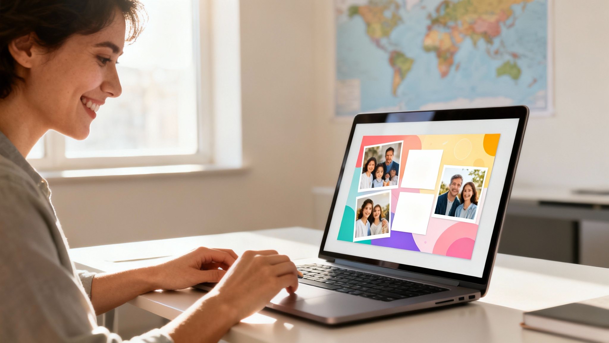 Smiling woman creating a personalized digital e-card with family photos on her laptop.