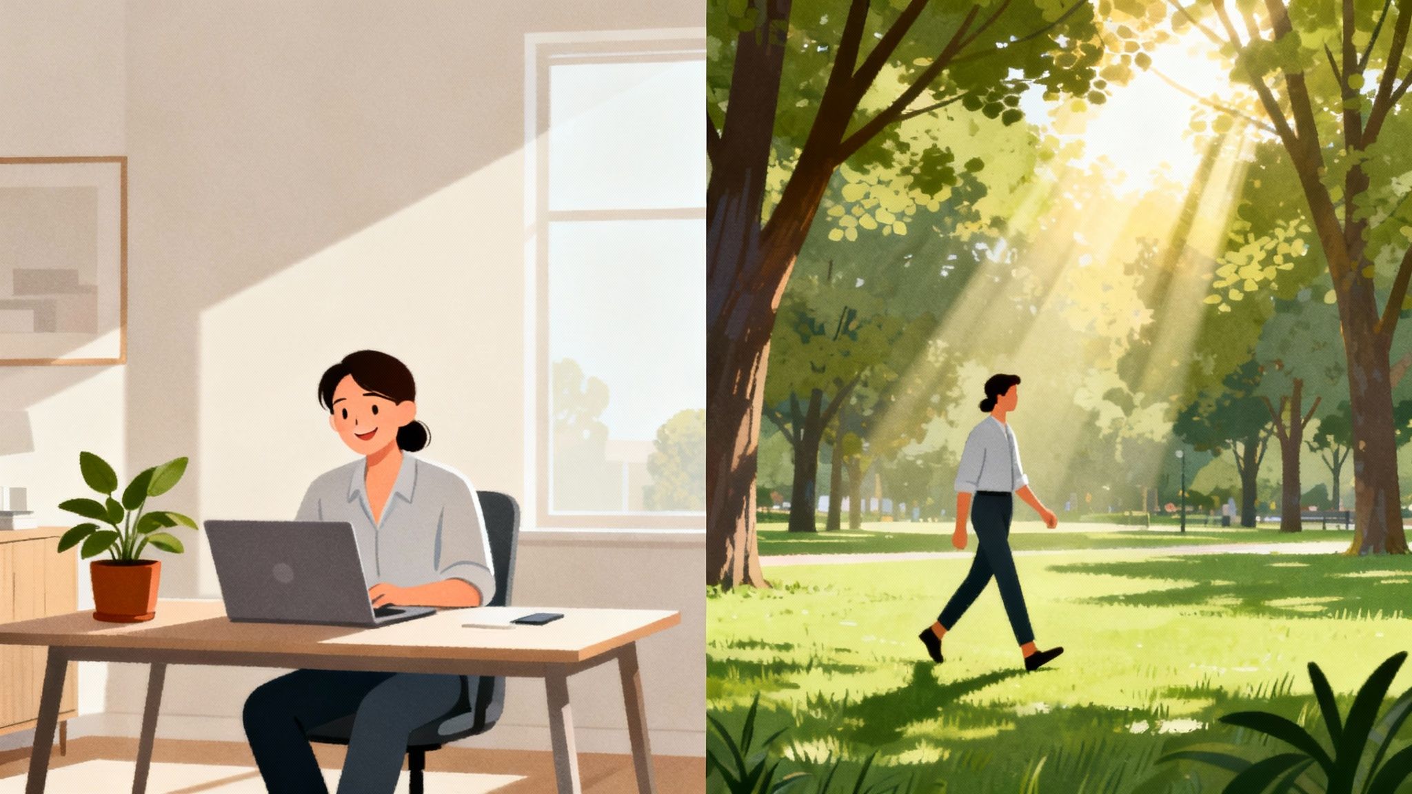 A woman working on a laptop indoors, contrasted with her walking in a sunny park.