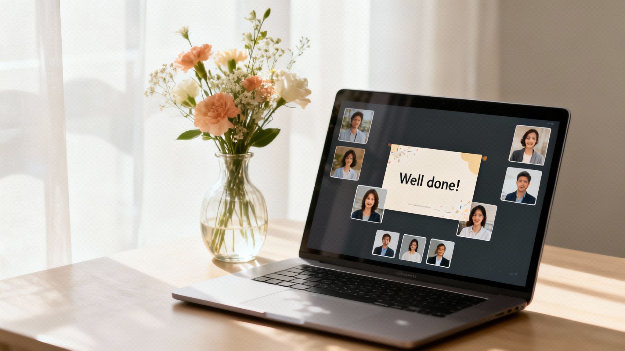 Laptop on a wooden desk displaying a video conference with 'Well done!' slide and diverse participants, next to flowers.