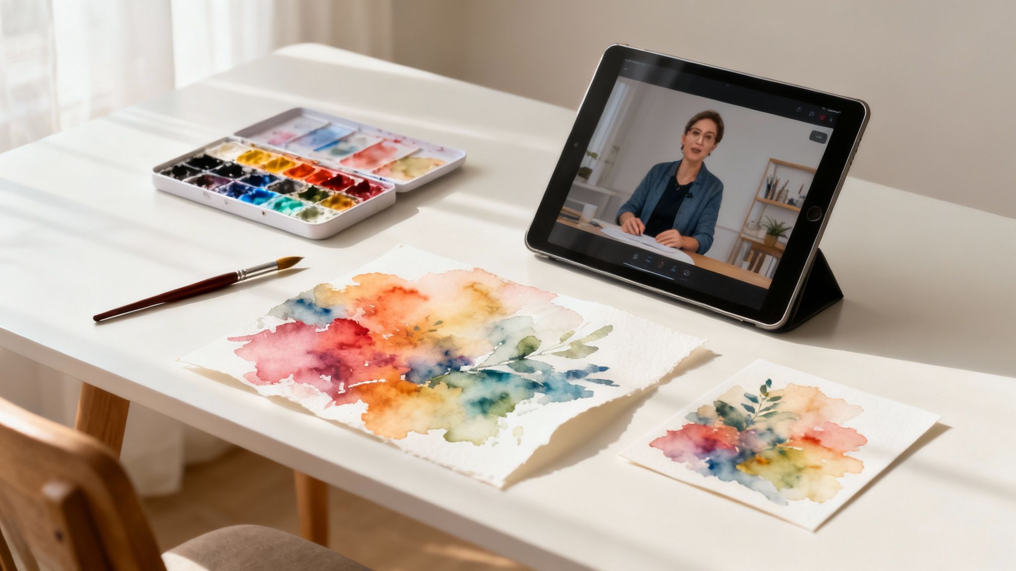 Person following online watercolor painting tutorial on tablet with colorful artwork and paint palette