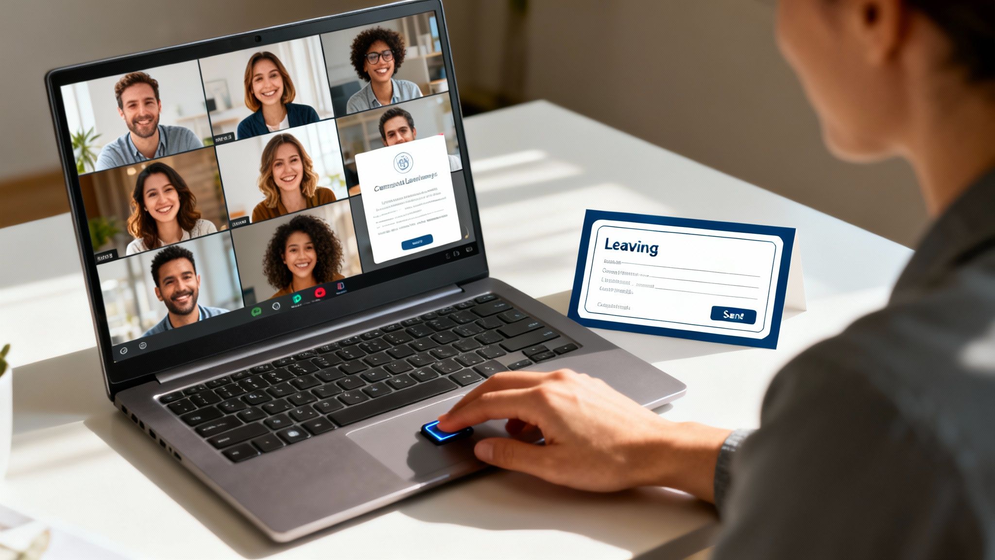 A person interacts with a digital leaving card on a laptop during a video call, near a physical leaving card.