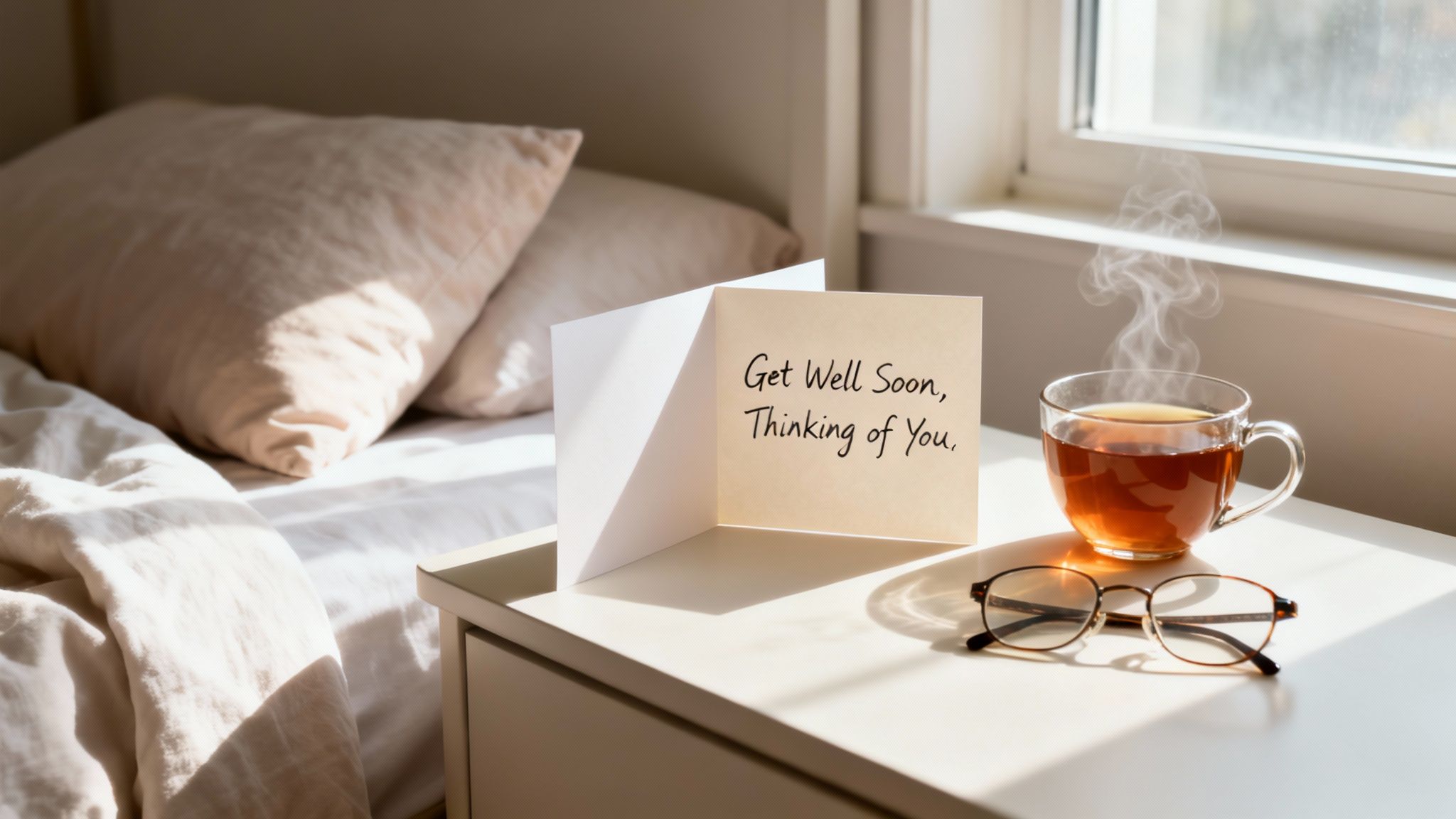 A 'Get Well Soon' card, steaming tea, and reading glasses on a sunlit bedside table next to a bed.