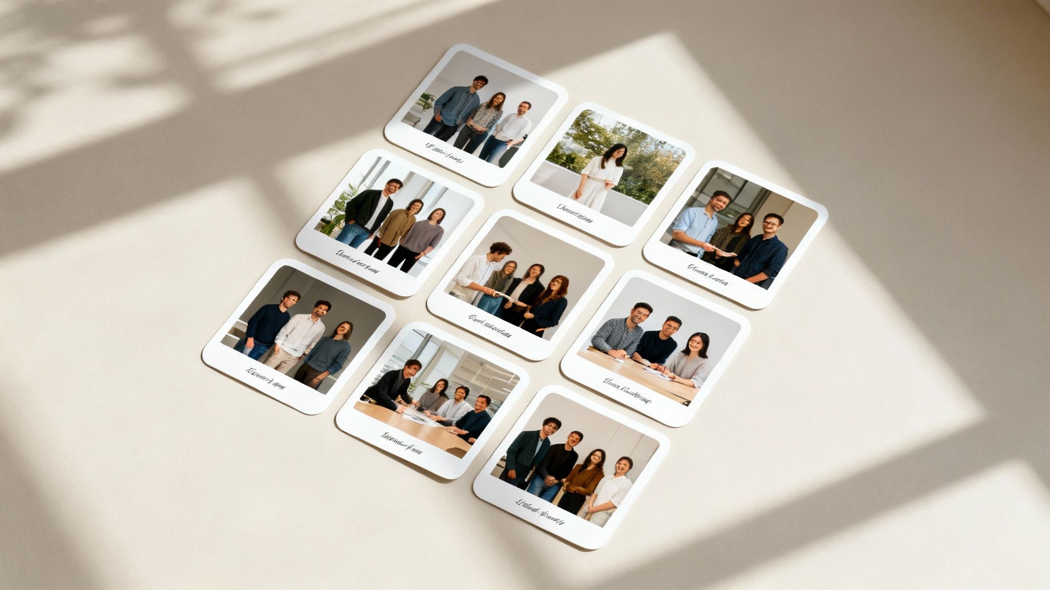 Multiple polaroid-style photos showcasing diverse groups of people, possibly coworkers, laid out on a beige surface.
