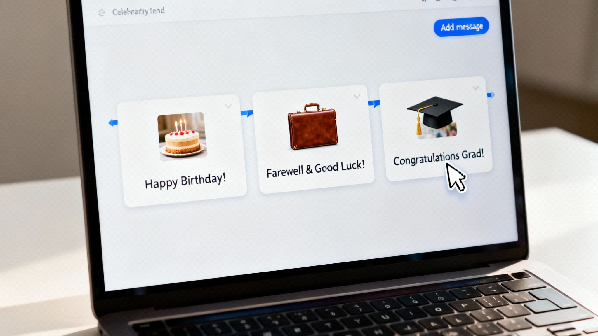 A laptop screen displays various digital e-card options, with a mouse cursor selecting 'Congratulations Grad!'.