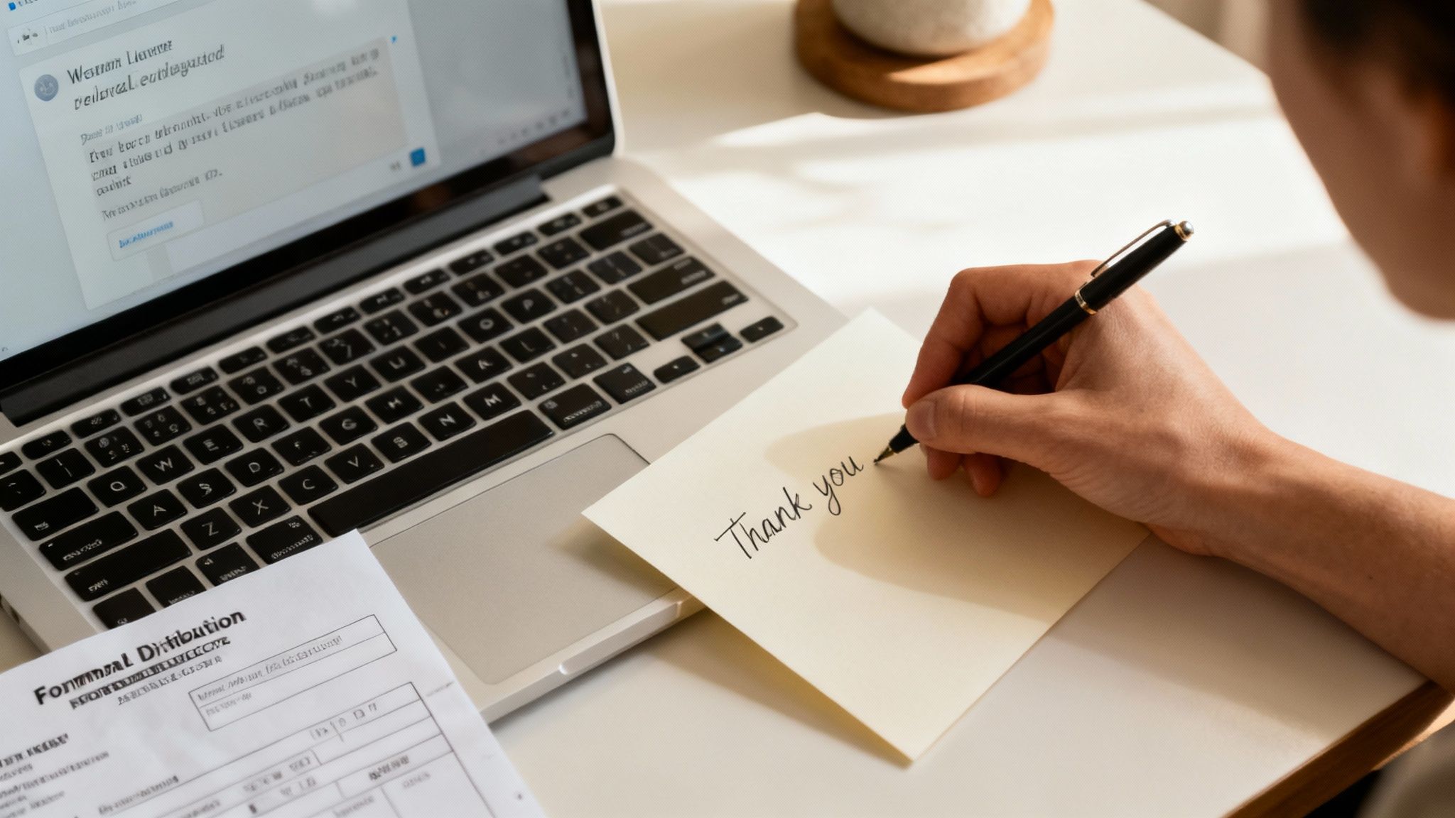 A person writing a heartfelt thank-you card at a wooden desk, surrounded by stationery.