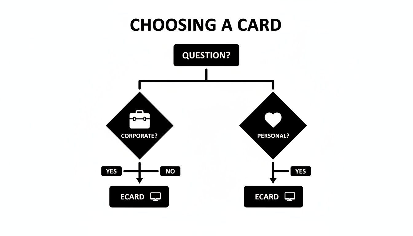 Decision tree illustrating options for selecting an e-card, categorized by corporate or personal use.