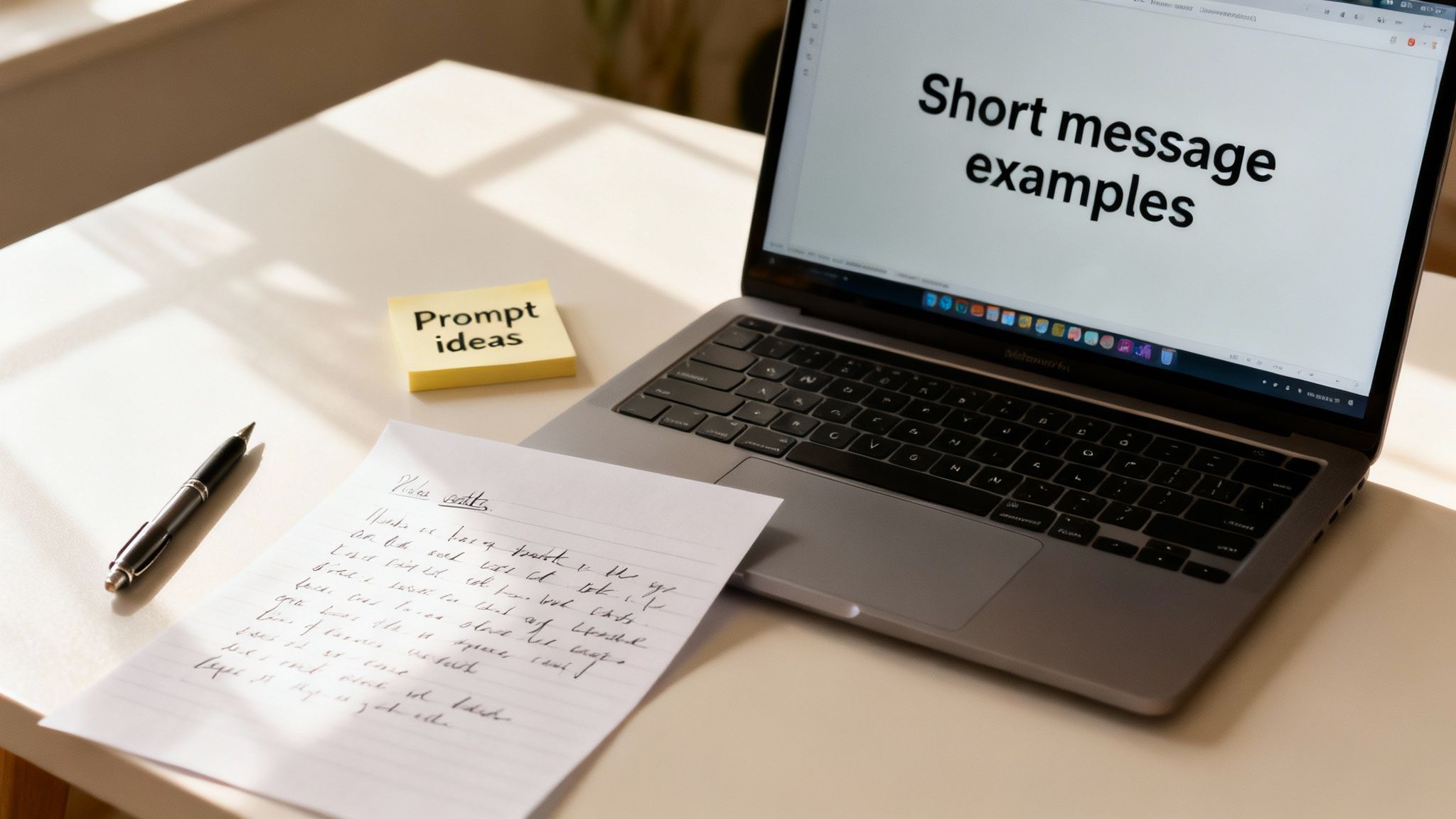 A laptop displaying 'Short message examples' on a desk with 'Prompt ideas' sticky note, handwritten notes, and a pen.