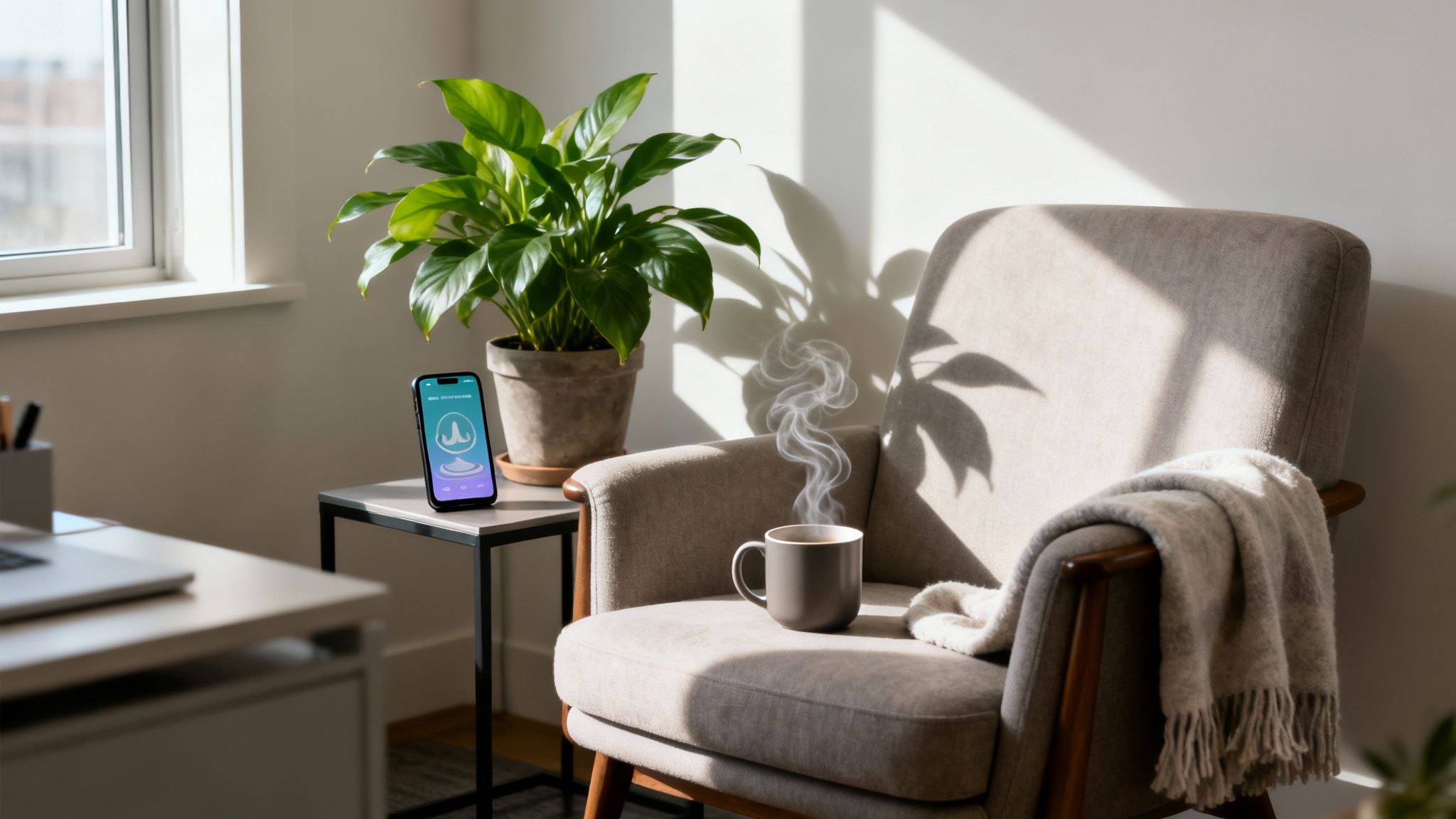 A serene home office corner with a meditation app on a phone, a steaming mug, and a cozy armchair.
