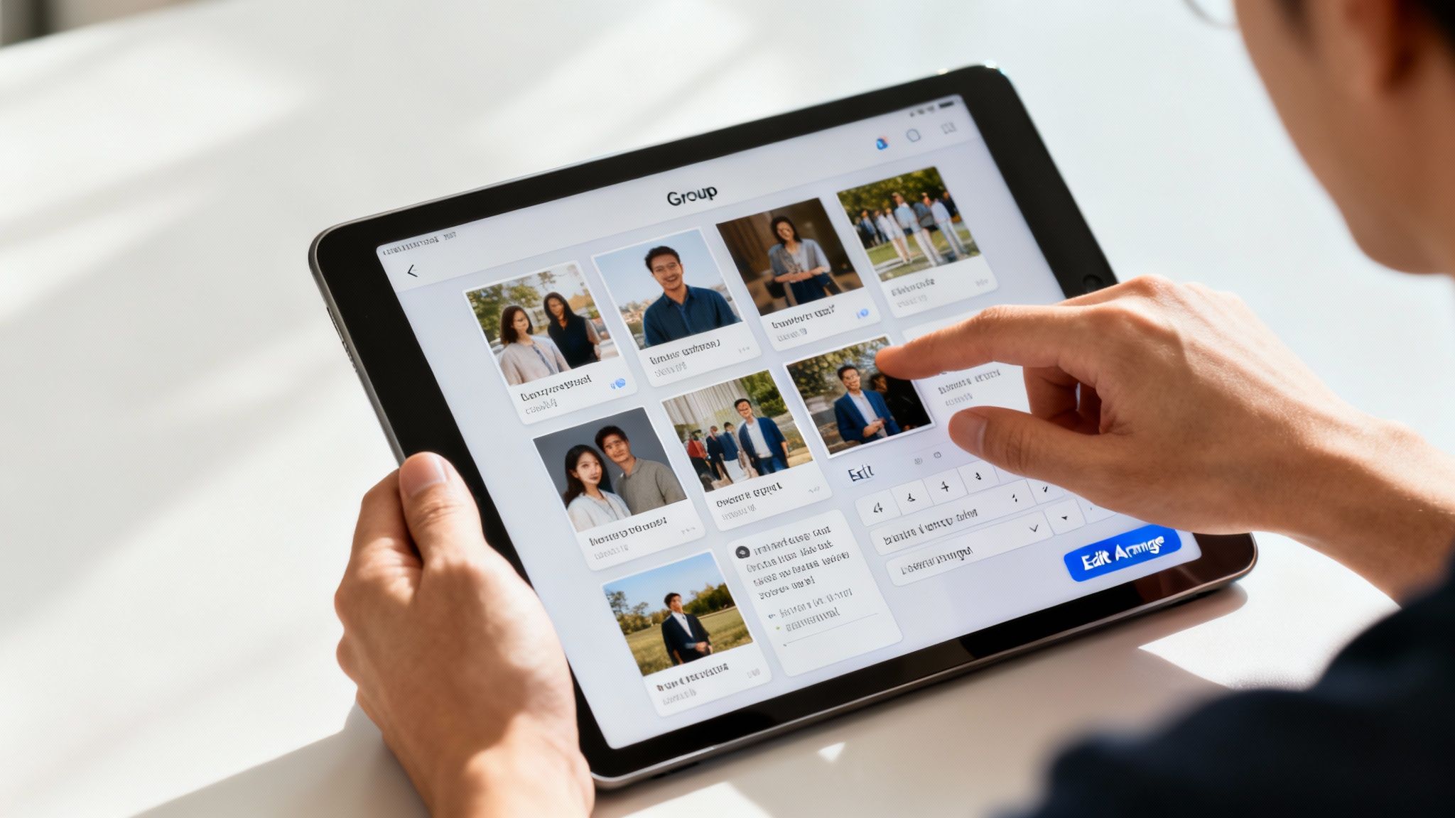 Person's hands using a tablet to view and arrange photos for a group.
