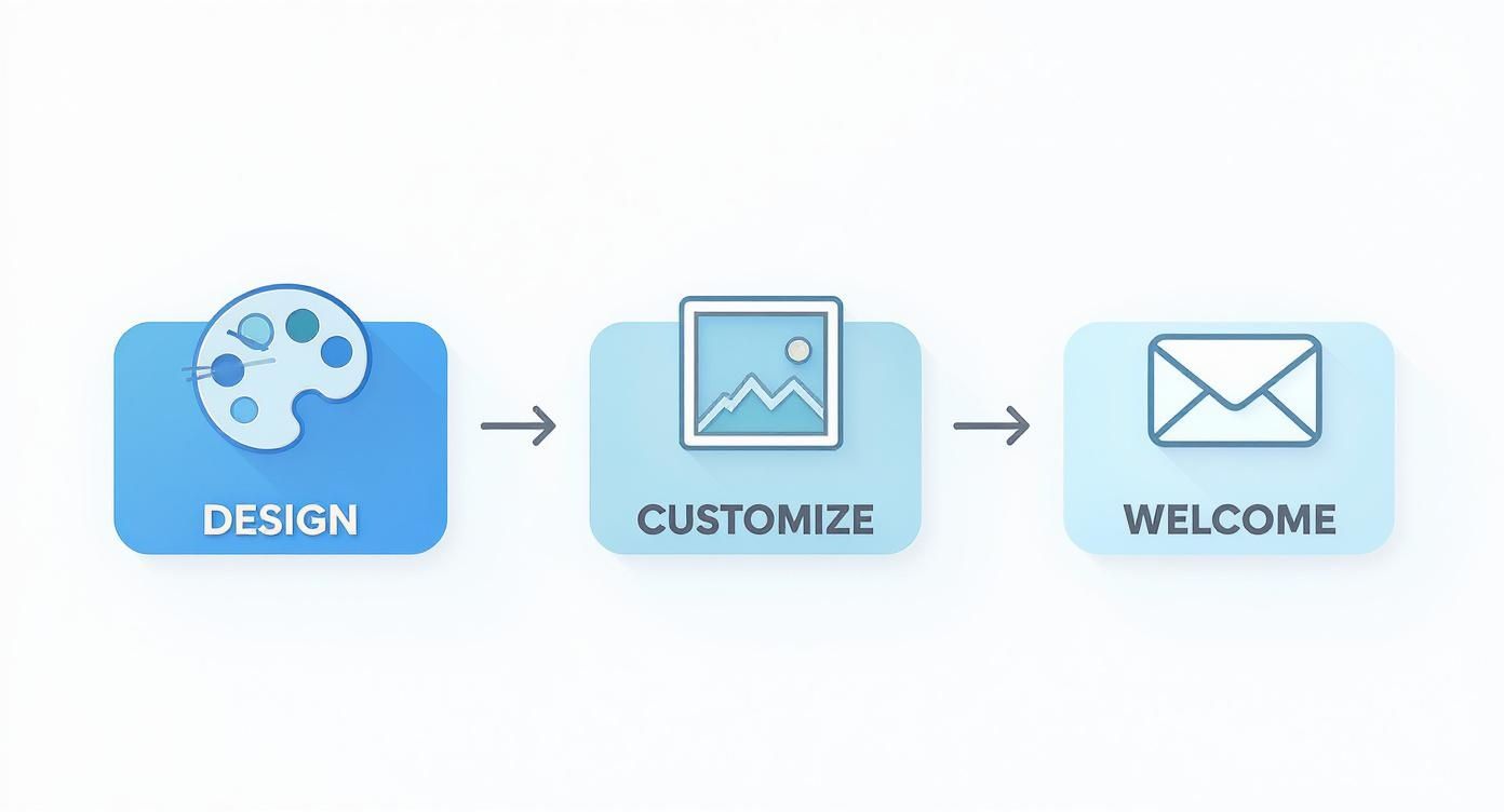 A three-step process diagram showing design, customize, and welcome stages for online creation.