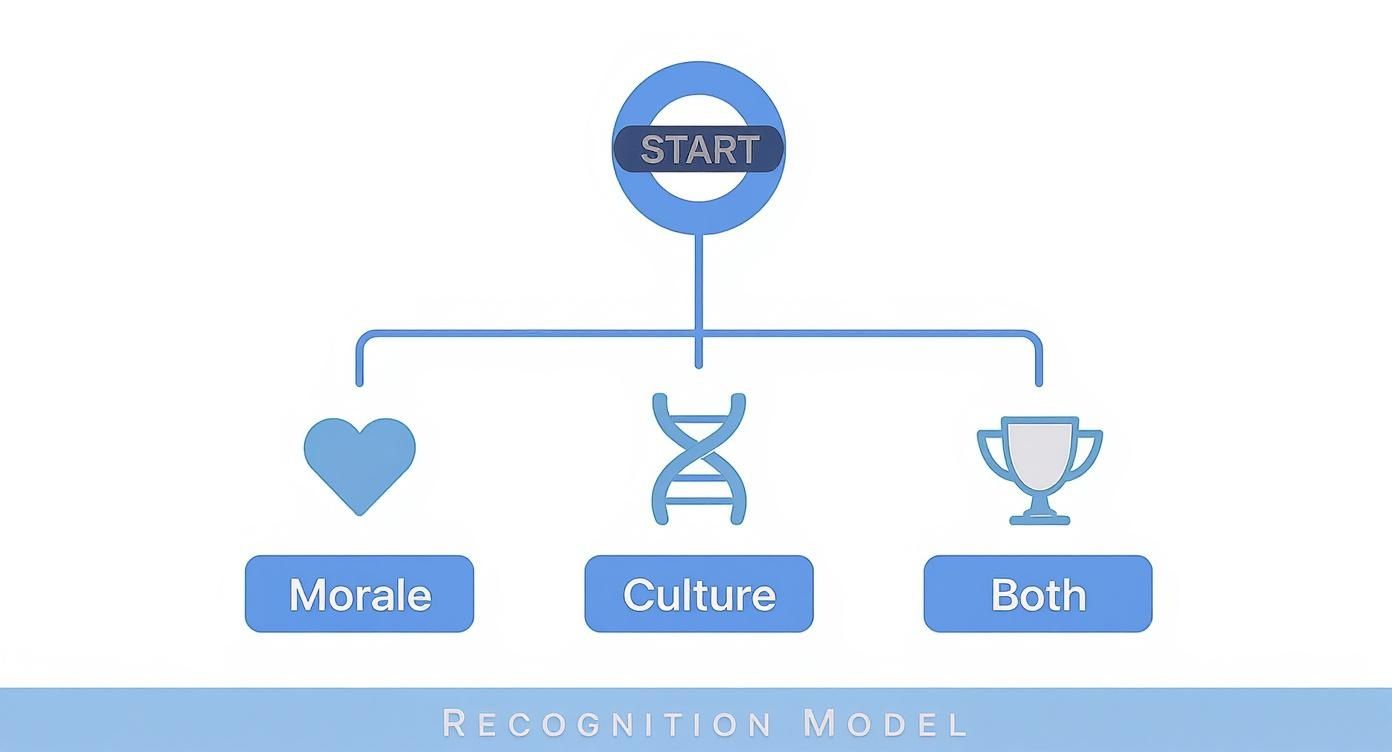 Flowchart diagram showing recognition model starting with three paths: morale, culture, and both options