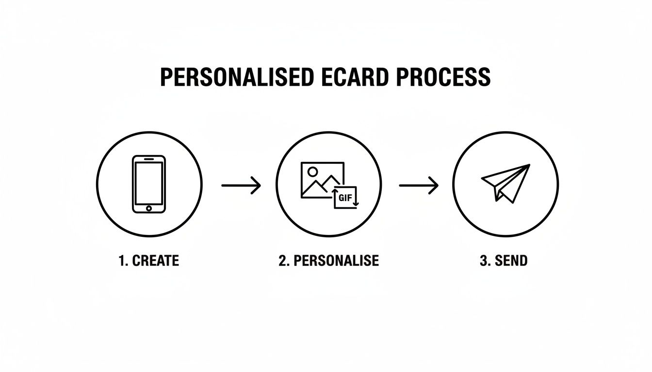 A three-step process for creating a personalised e-card: create, personalise with images/GIFs, and send.