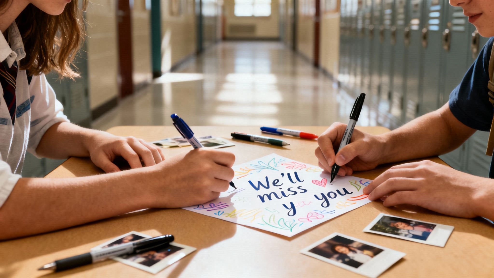 Two students writing on a farewell card with colorful markers and instant photos on a desk in a school hallway.
