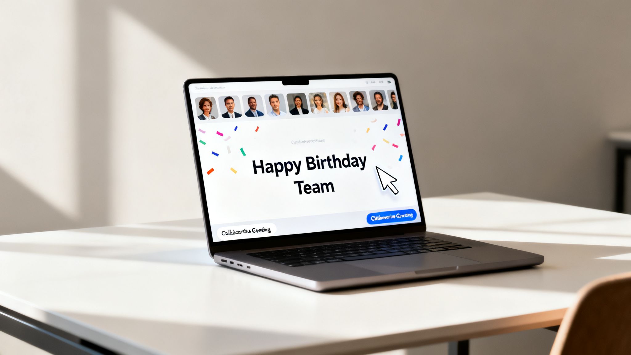 A laptop screen displays a 'Happy Birthday Team' e-card with profile pictures and confetti.