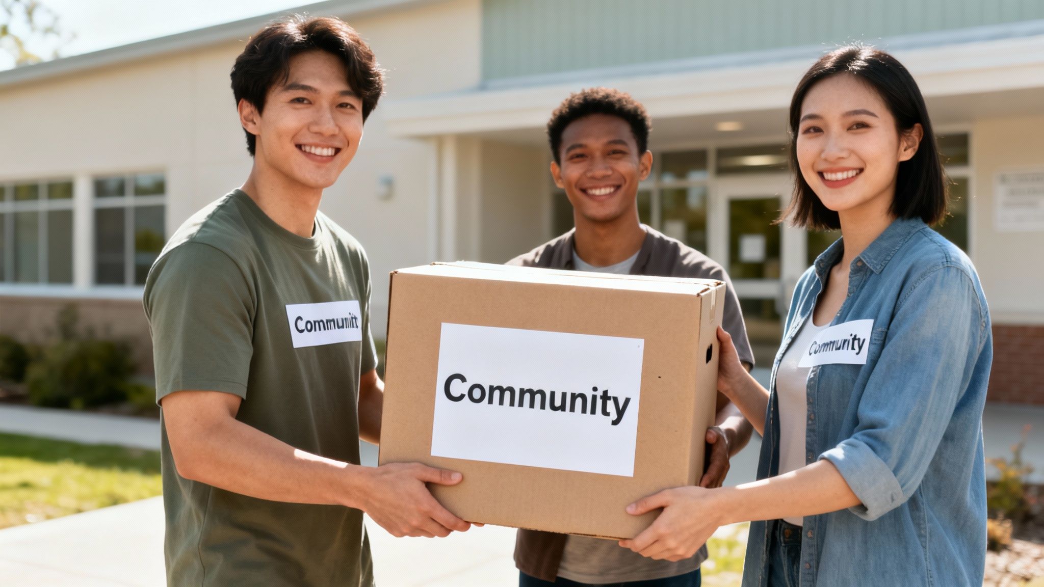 Three diverse volunteers smiling and holding a donation box labeled 'Community' outdoors.