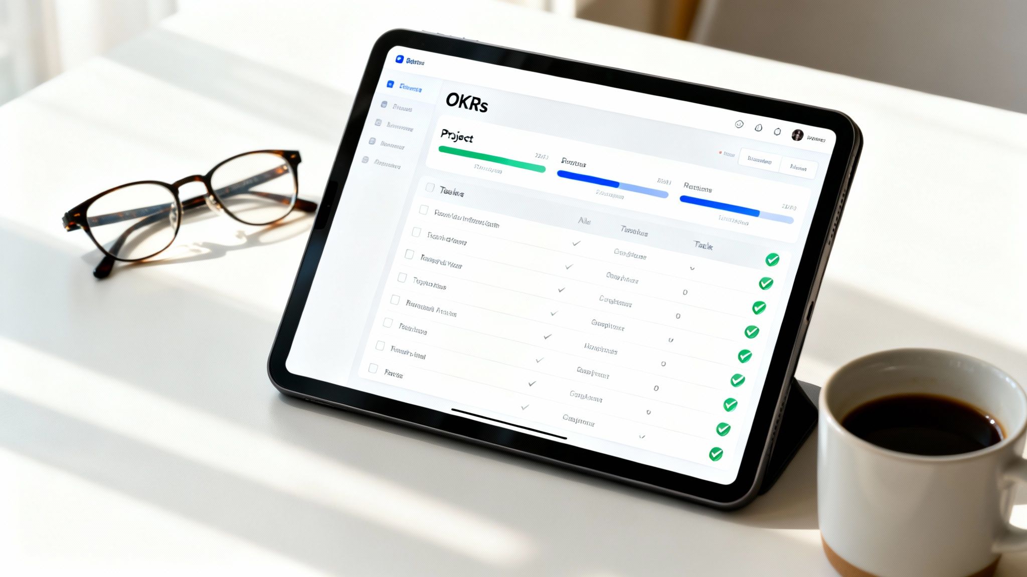 An iPad displaying a project management application with tasks and progress bars, next to eyeglasses and a coffee cup on a white desk.