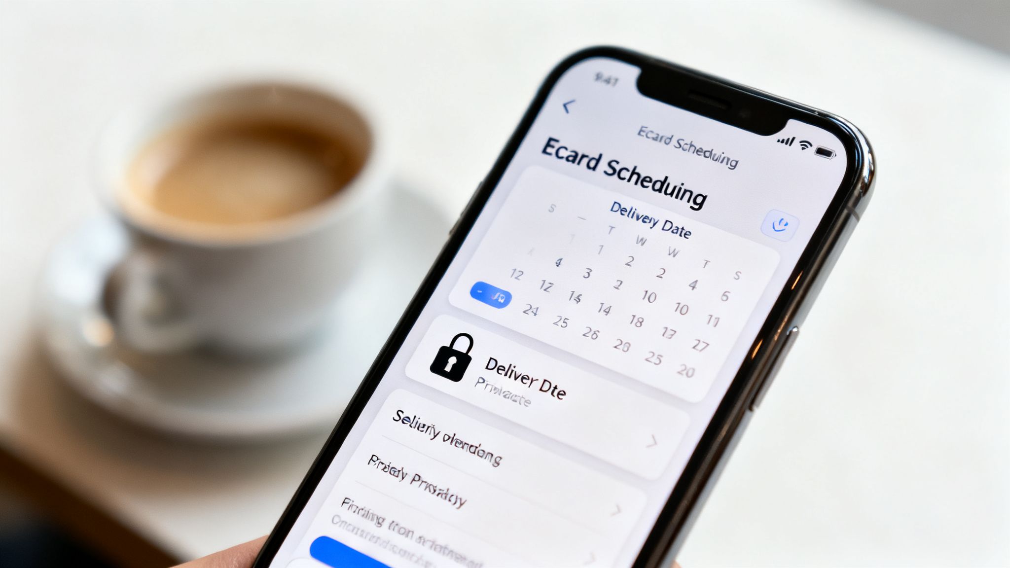 A person holds a smartphone displaying an Ecard Scheduling app with a calendar and delivery options.