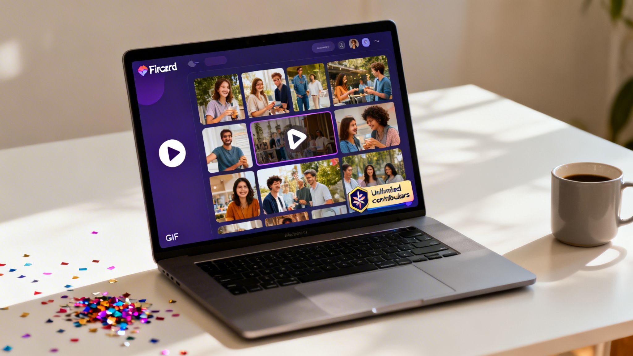 A laptop on a white desk displays a Fircard app with video thumbnails, surrounded by confetti and a coffee mug.