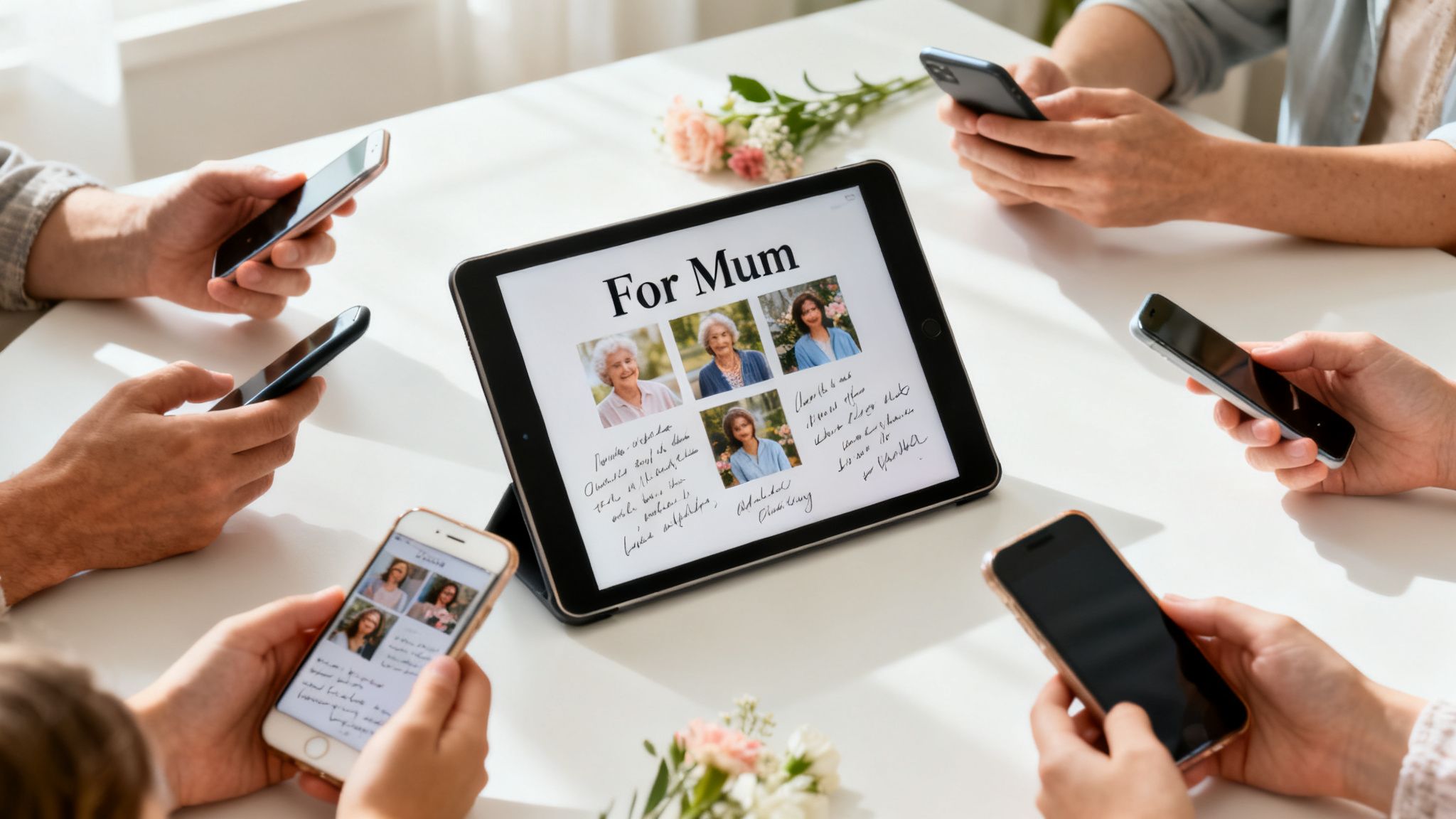 Family gathered around a tablet displaying a 'For Mum' e-card with photos and messages, holding smartphones.