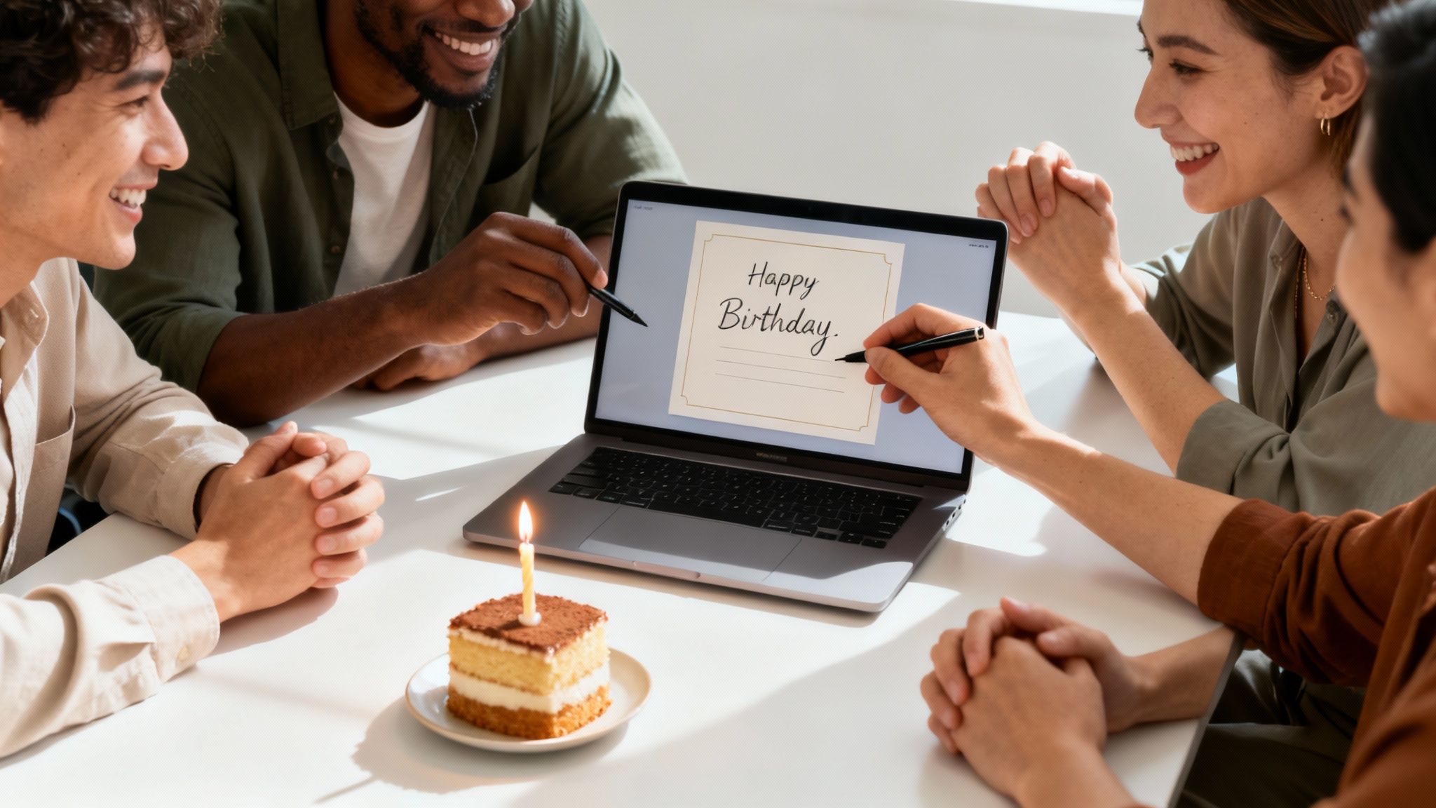 Four diverse friends celebrating a birthday, writing a digital card on a laptop with cake and candle.