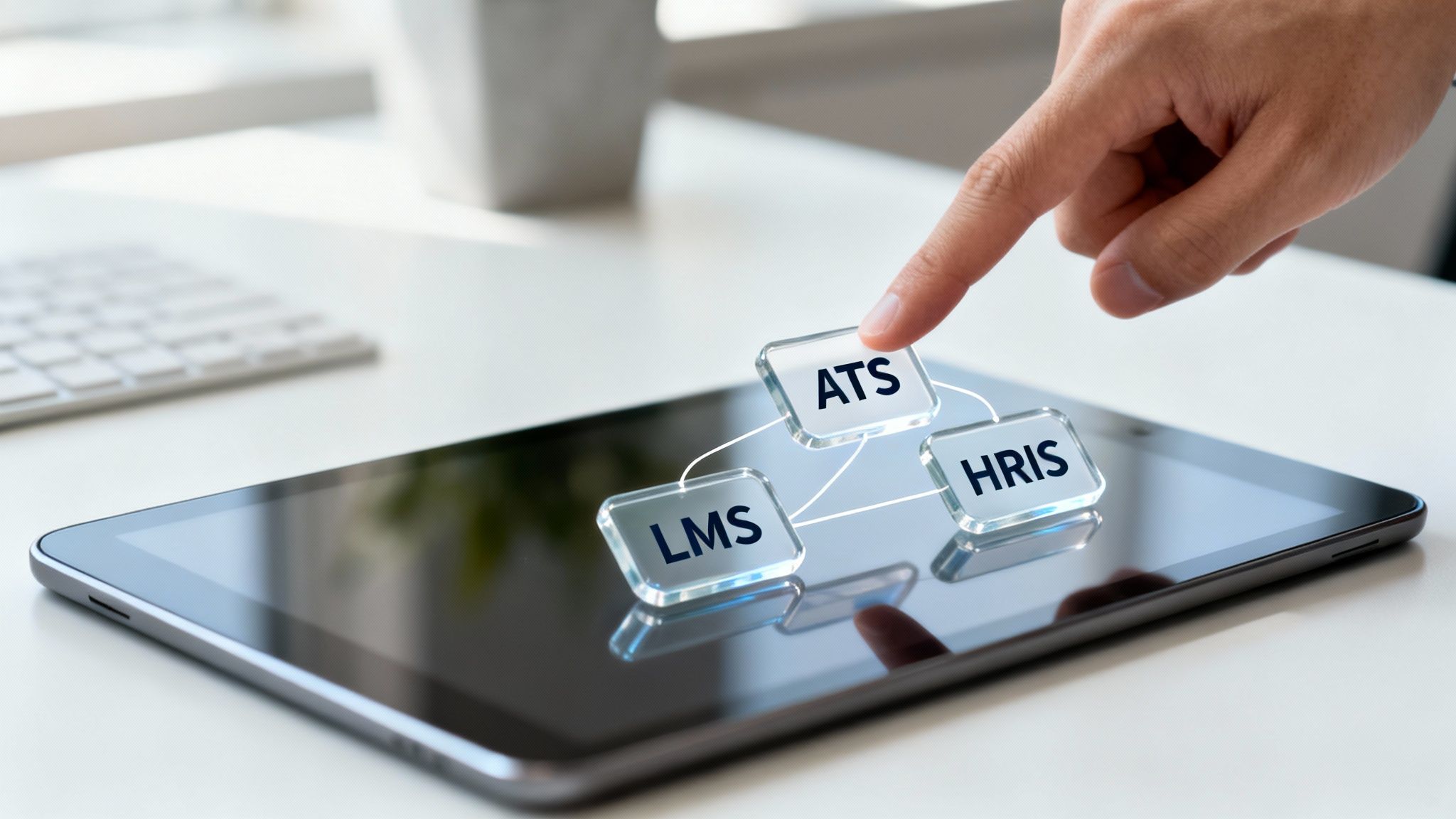An HR professional using a tablet to analyze employee data visualizations, showcasing a modern tech ecosystem.