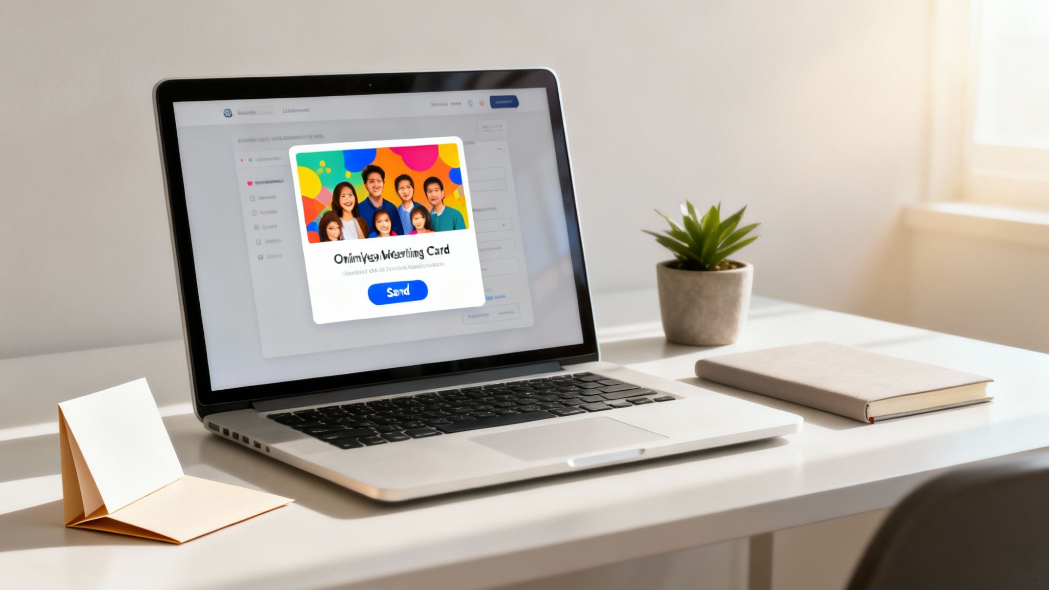 Laptop displaying an online group greeting card with multiple faces, on a clean white desk.