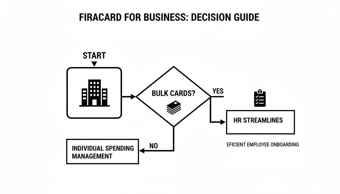 A flowchart decision guide for Firacard business, showing options for bulk cards or individual spending management.