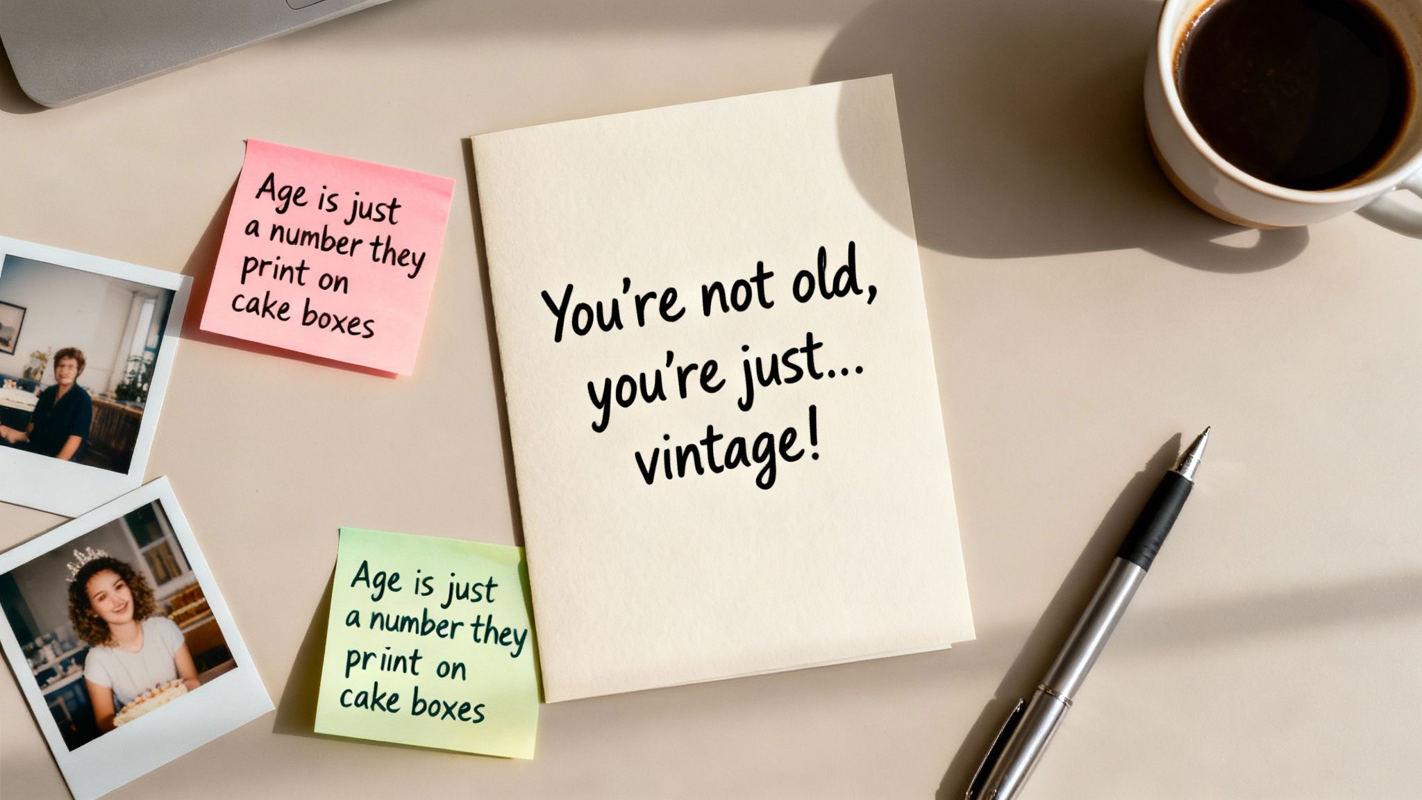 A flat lay of a funny birthday card saying 'You're not old, you're just vintage!' surrounded by sticky notes and photos.
