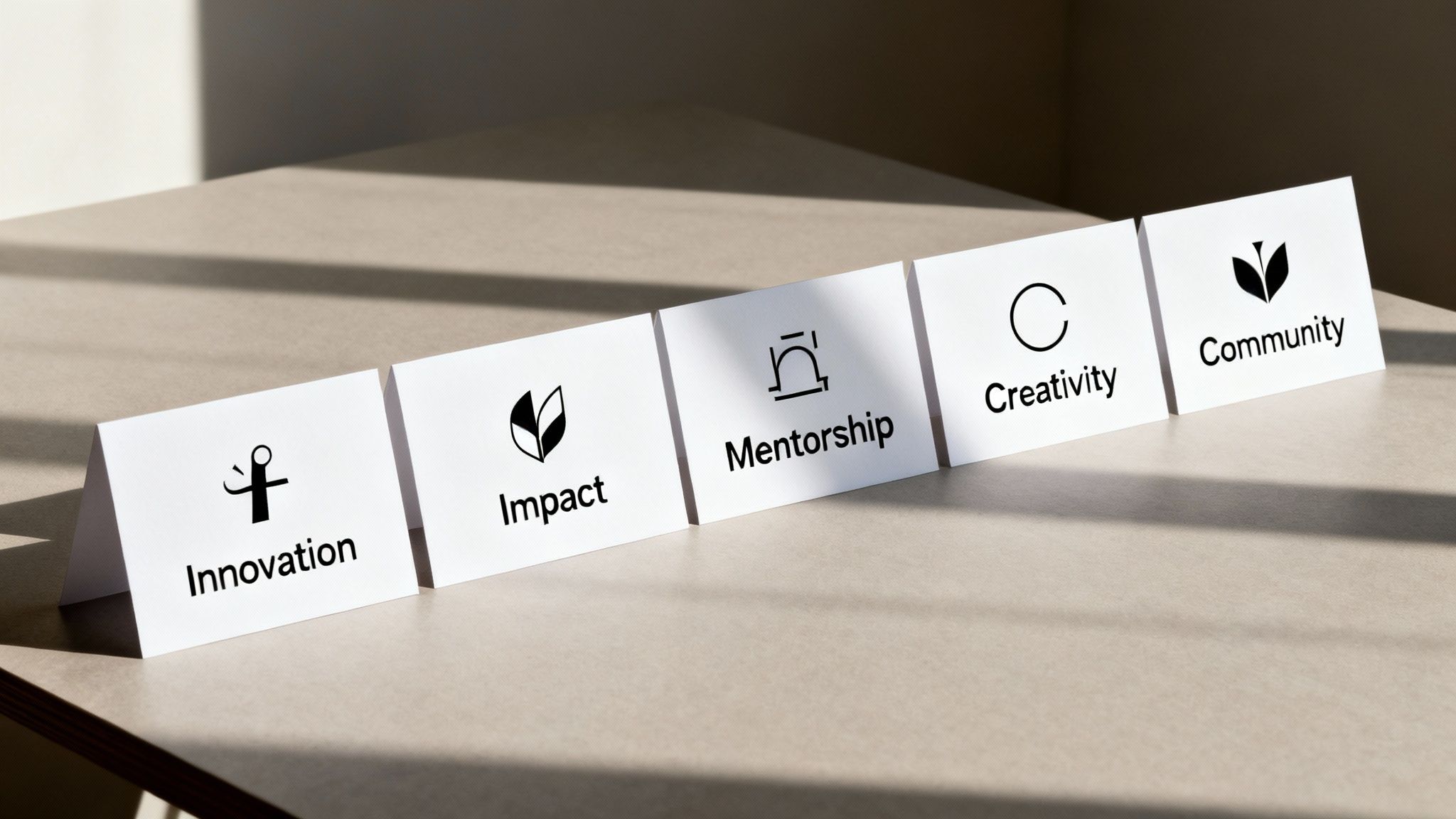 Five white cards on a table display core values: Innovation, Impact, Mentorship, Creativity, Community.