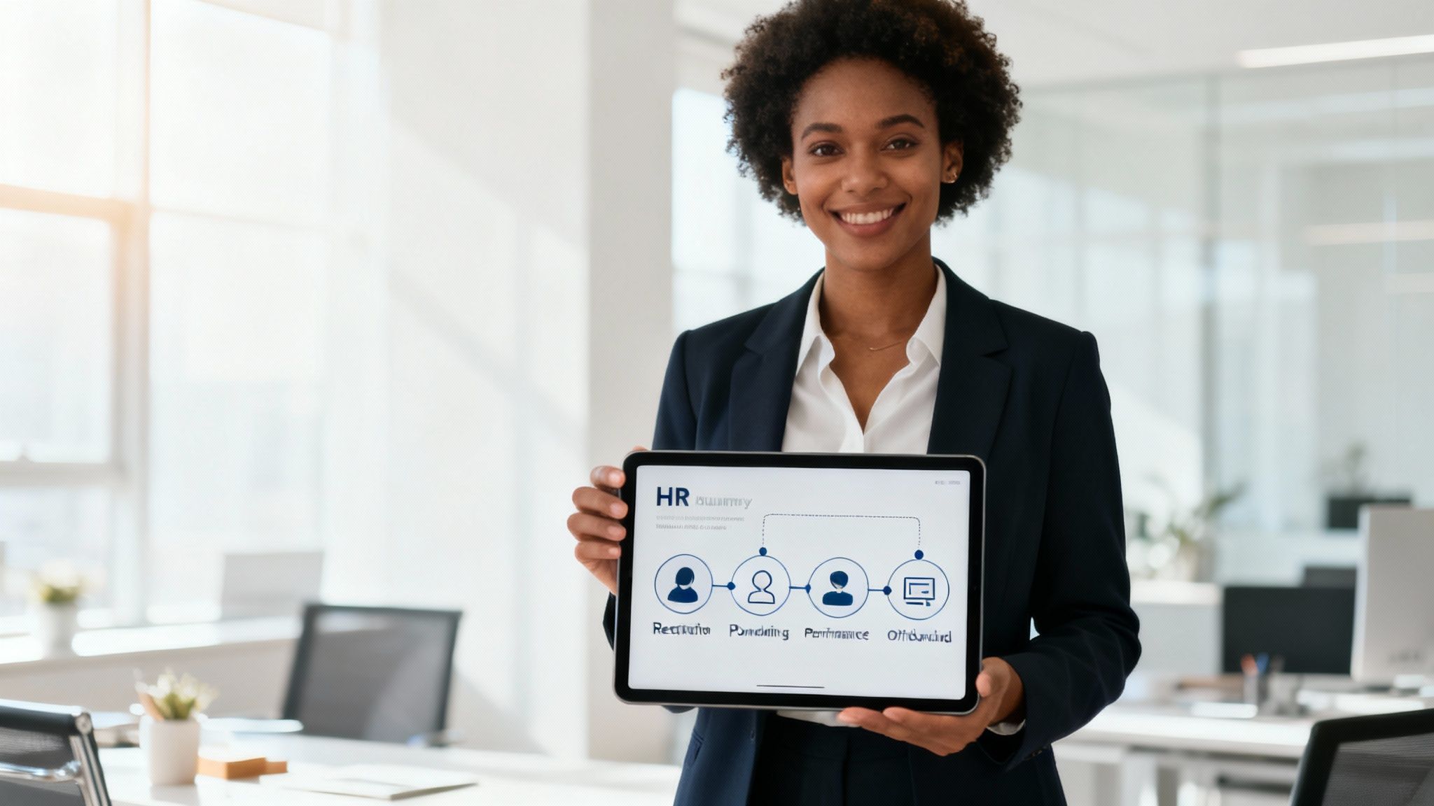 A person at a desk with multiple screens showing data and charts, representing modern HR technology.