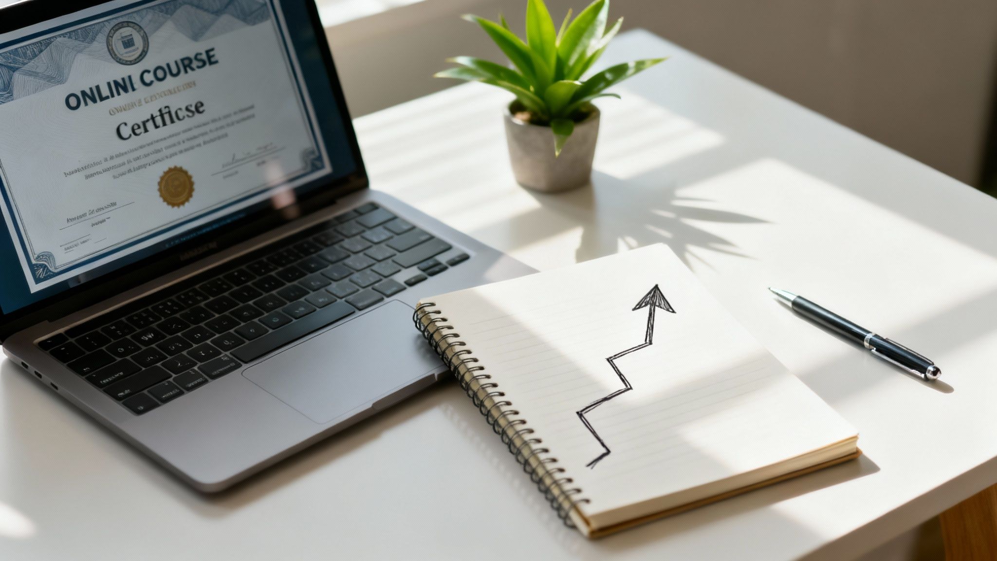 A laptop displays an online course certificate next to a notebook with an upward trending graph and a pen.