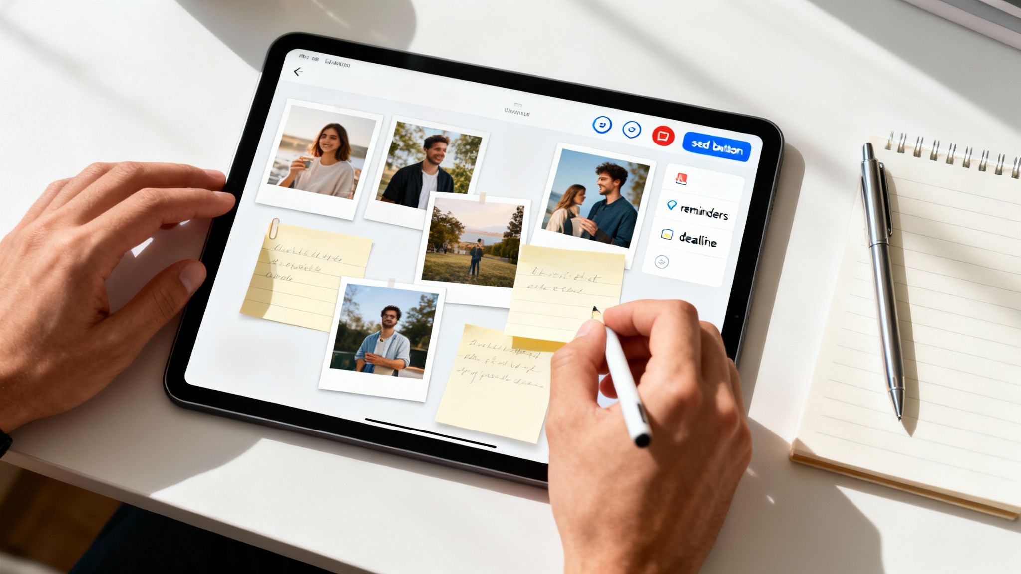 Hands using a stylus on a tablet displaying a digital mood board with photos and handwritten notes.