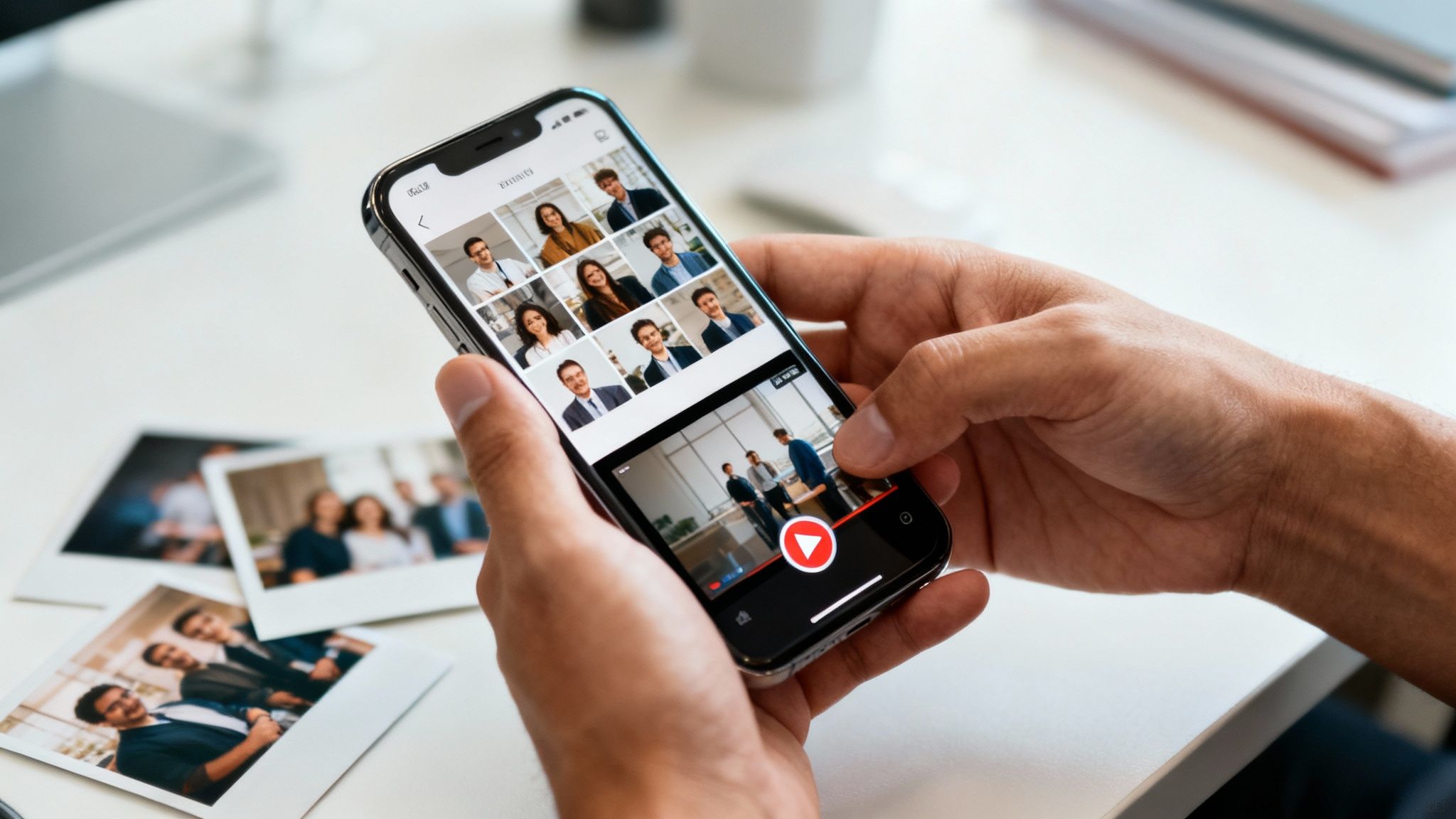 Hands hold a smartphone displaying a video and multiple faces, with printed photos on a white desk.