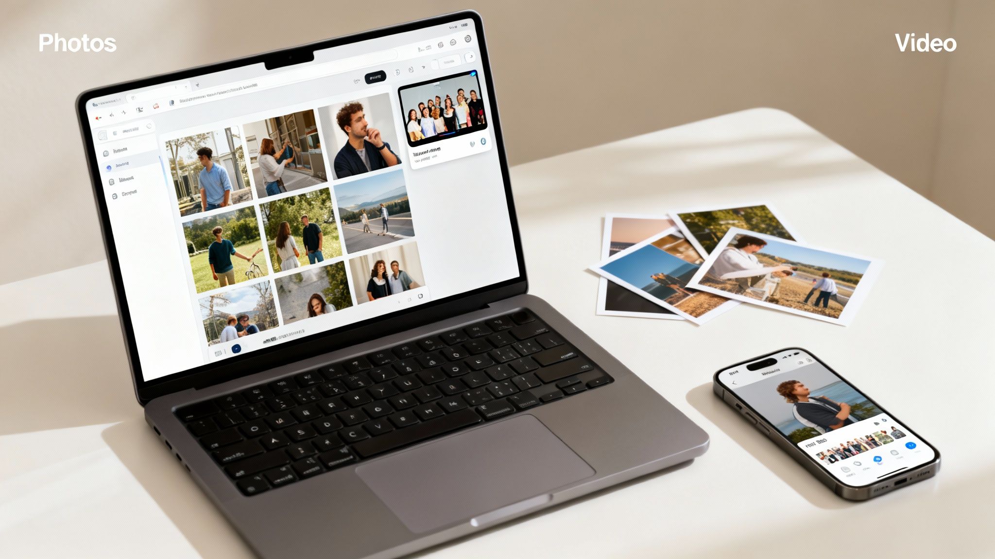 A laptop and smartphone on a white desk display digital photos and a video call, with printed photos scattered nearby.