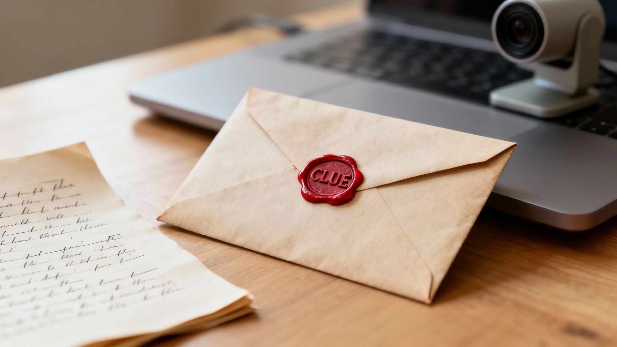 A sealed 'CLUE' envelope, an old letter, and a laptop with a webcam on a wooden desk.