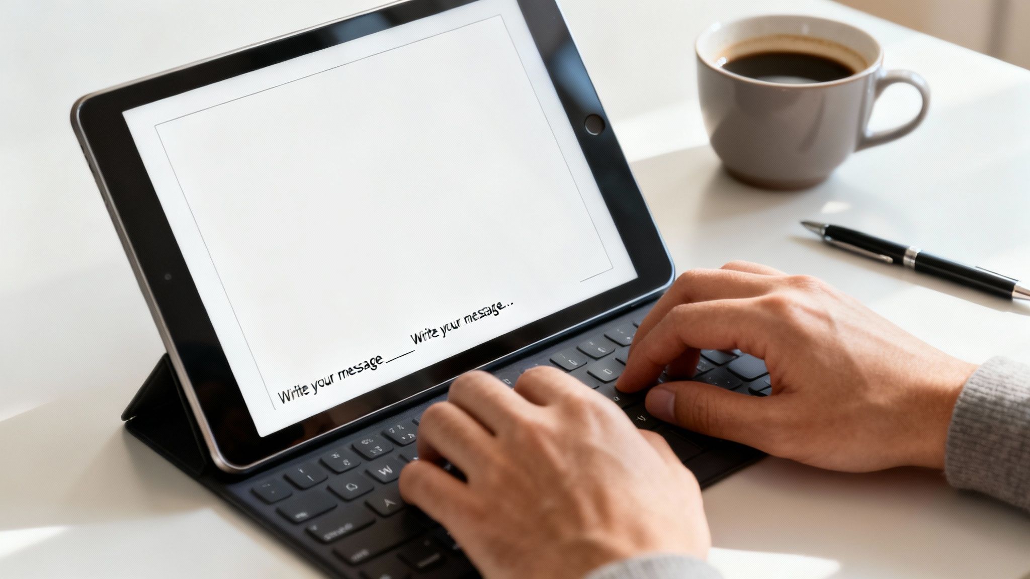 Hands typing on a tablet with an attached keyboard, displaying 'Write your message' on screen.