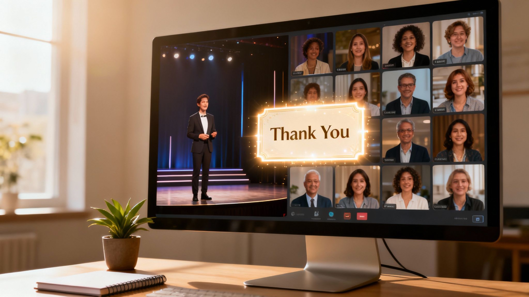 A computer monitor displays a virtual 'Thank You' event with a speaker and multiple smiling attendees.