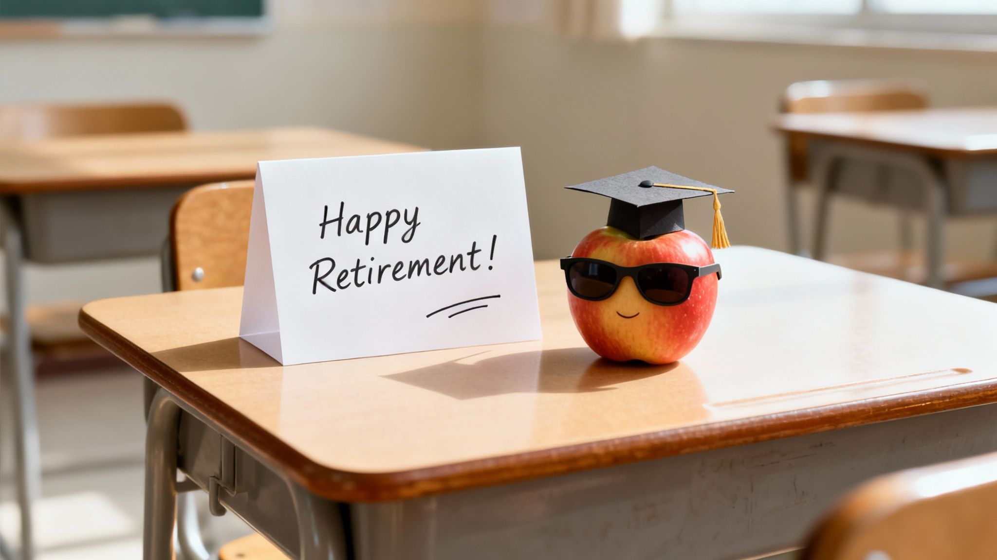 A classroom desk with a "Happy Retirement!" card and an apple wearing a graduation cap and sunglasses.