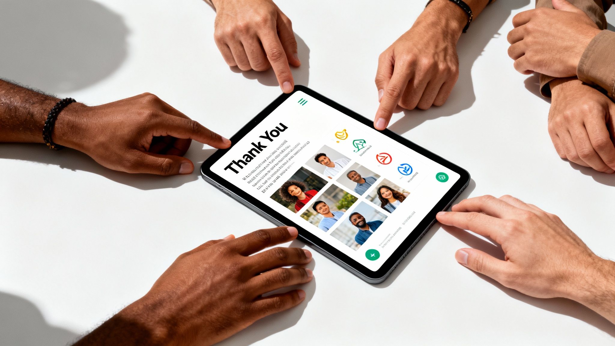 Multiple hands pointing at a tablet displaying a 'Thank You' message and employee portraits, symbolizing recognition.