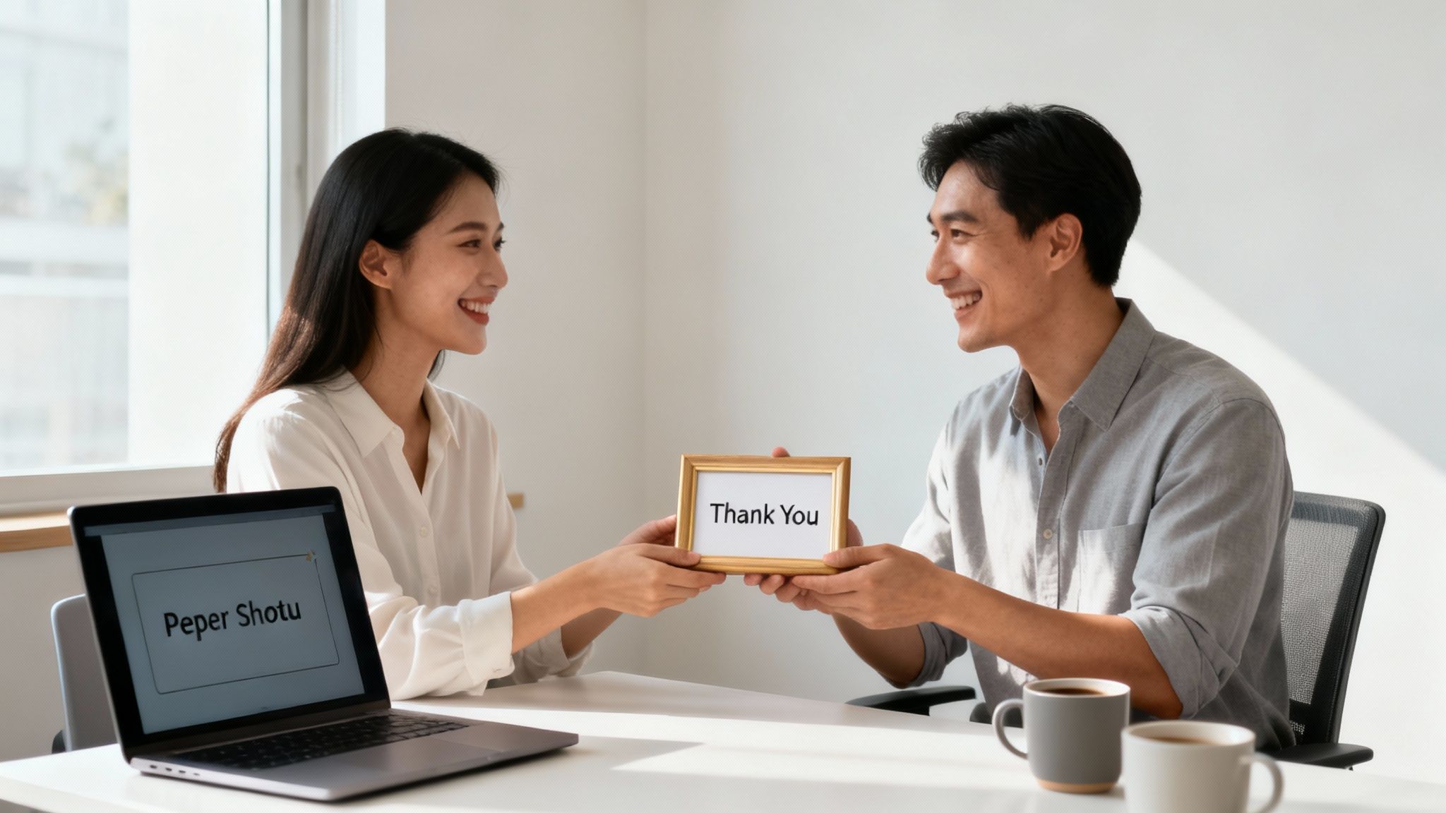 A team member receives a thoughtful gift and card from colleagues in a bright, modern office setting.