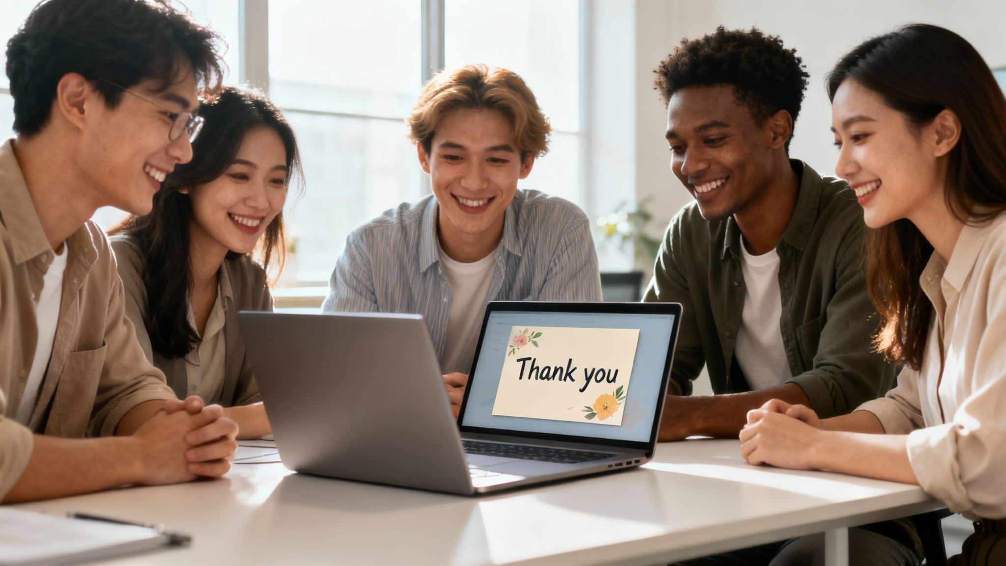 Smiling multi-ethnic team looking at a laptop with a digital thank you card.