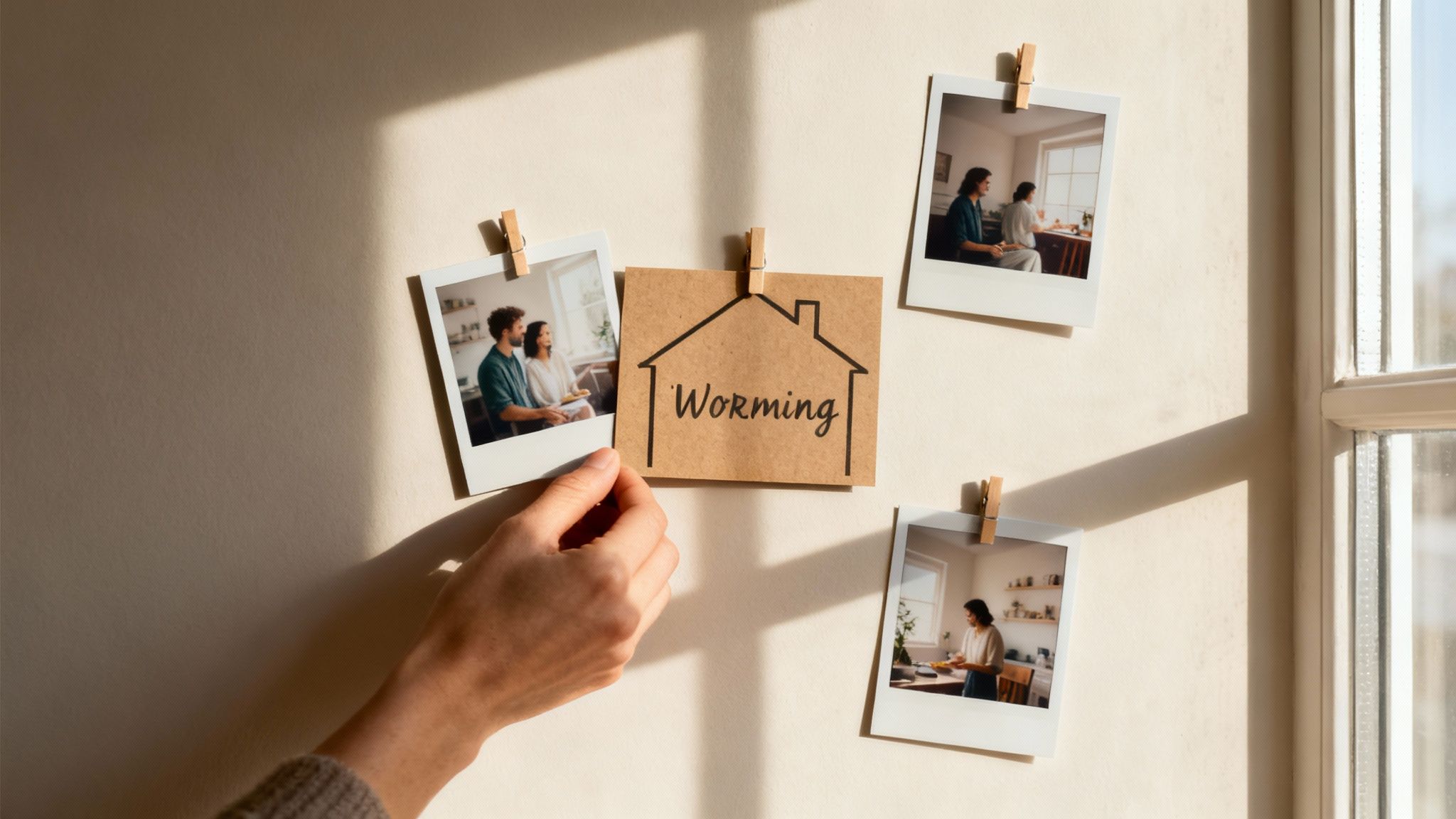 A hand pins a brown card with a house drawing and "Worming" text, surrounded by polaroid photos, on a sunlit wall.