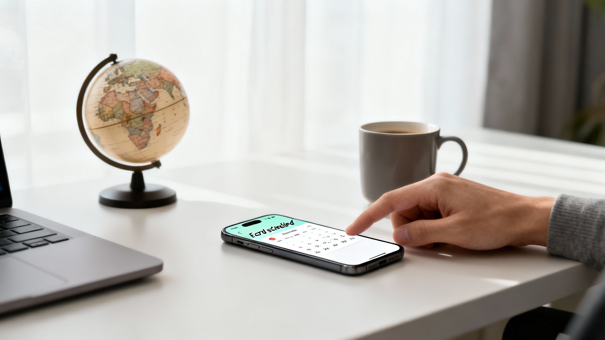 A person's hand taps a smartphone screen showing 'Ecard scheduled' and a calendar, on a desk with a laptop, globe, and coffee.