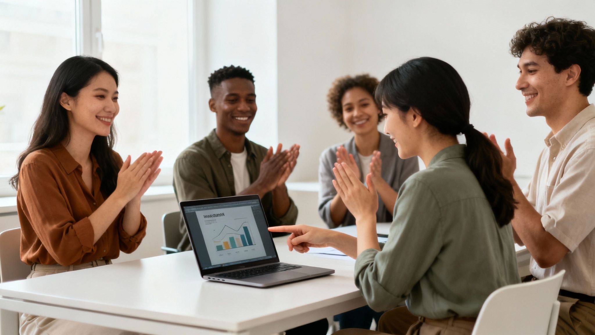 Diverse team of professionals clapping and celebrating colleague's success during office presentation meeting